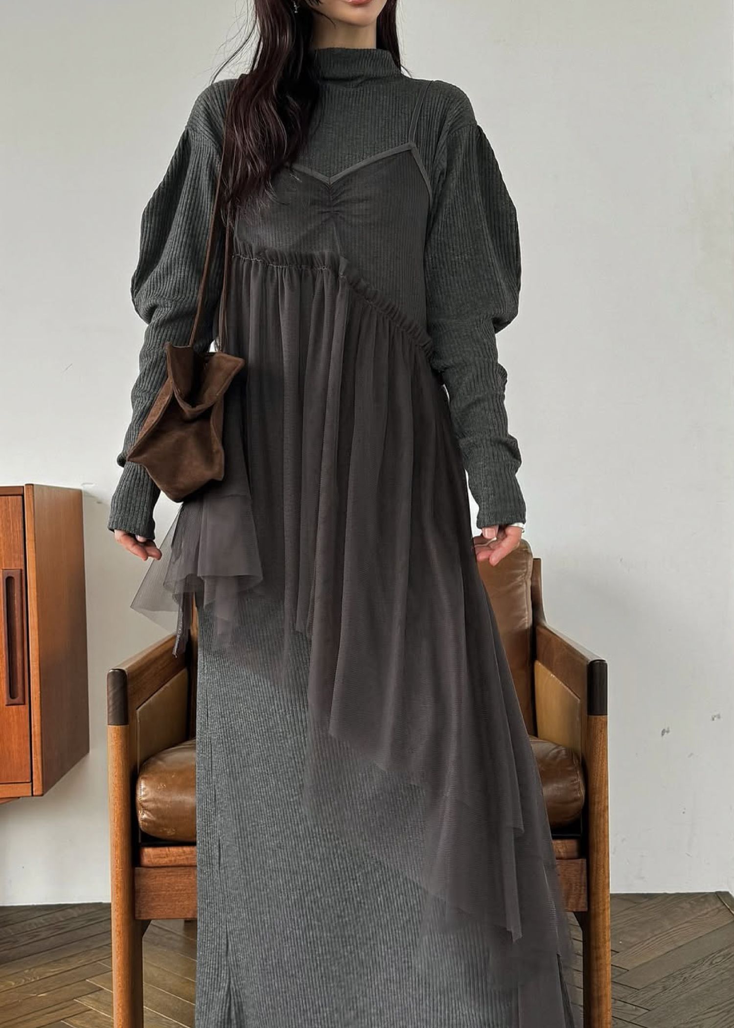 volume sleeve high neck rib OP