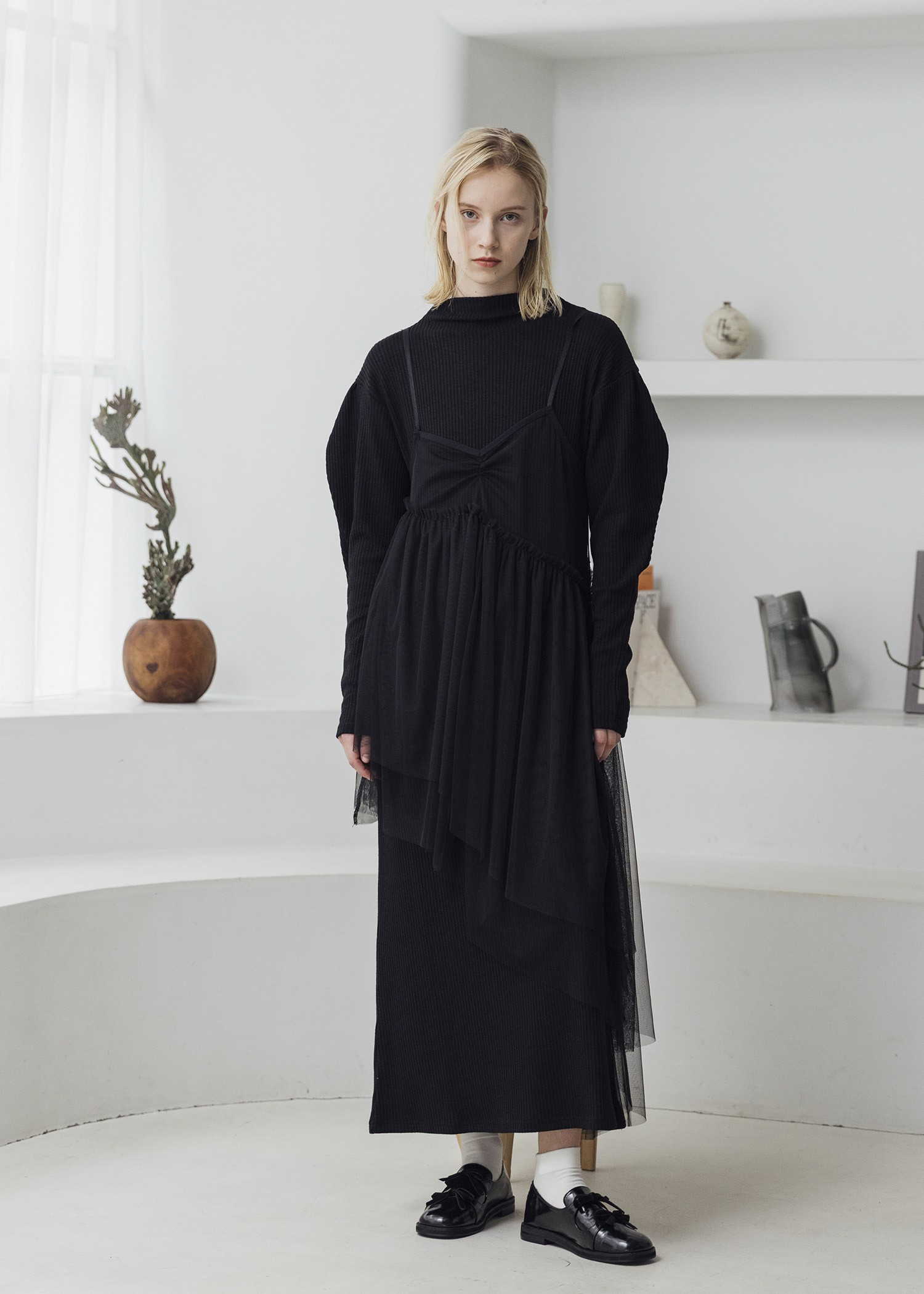 volume sleeve high neck rib OP