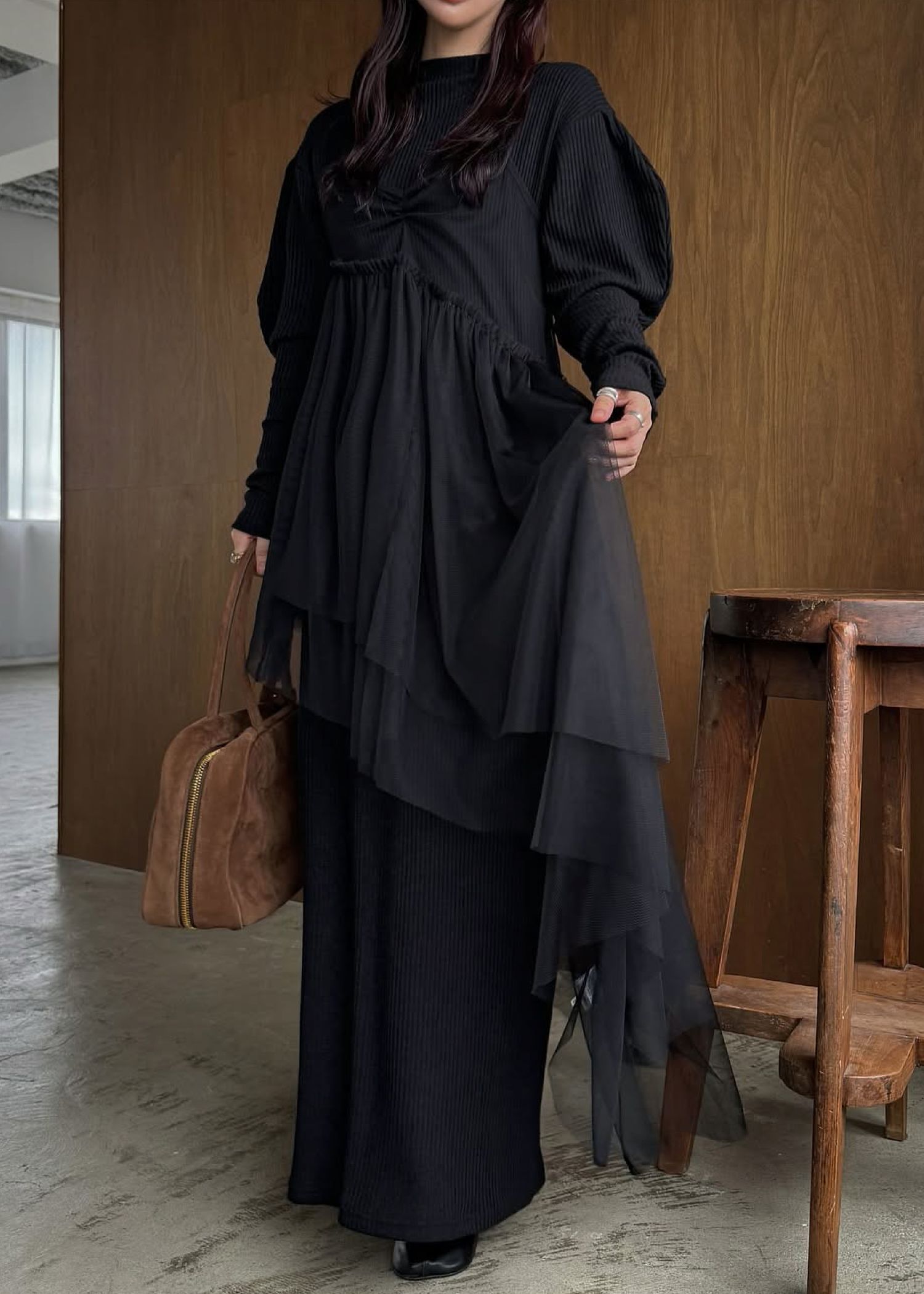 volume sleeve high neck rib OP