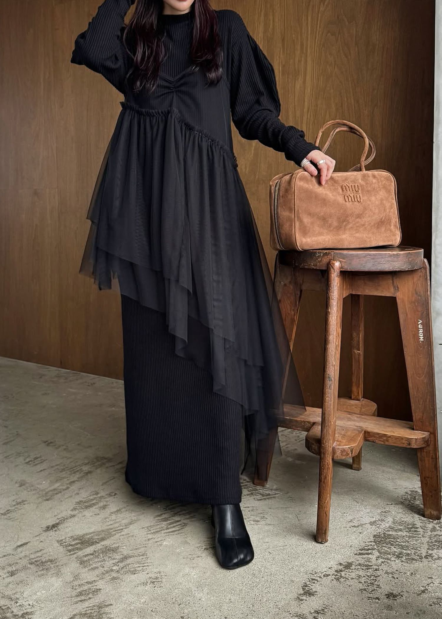 volume sleeve high neck rib OP