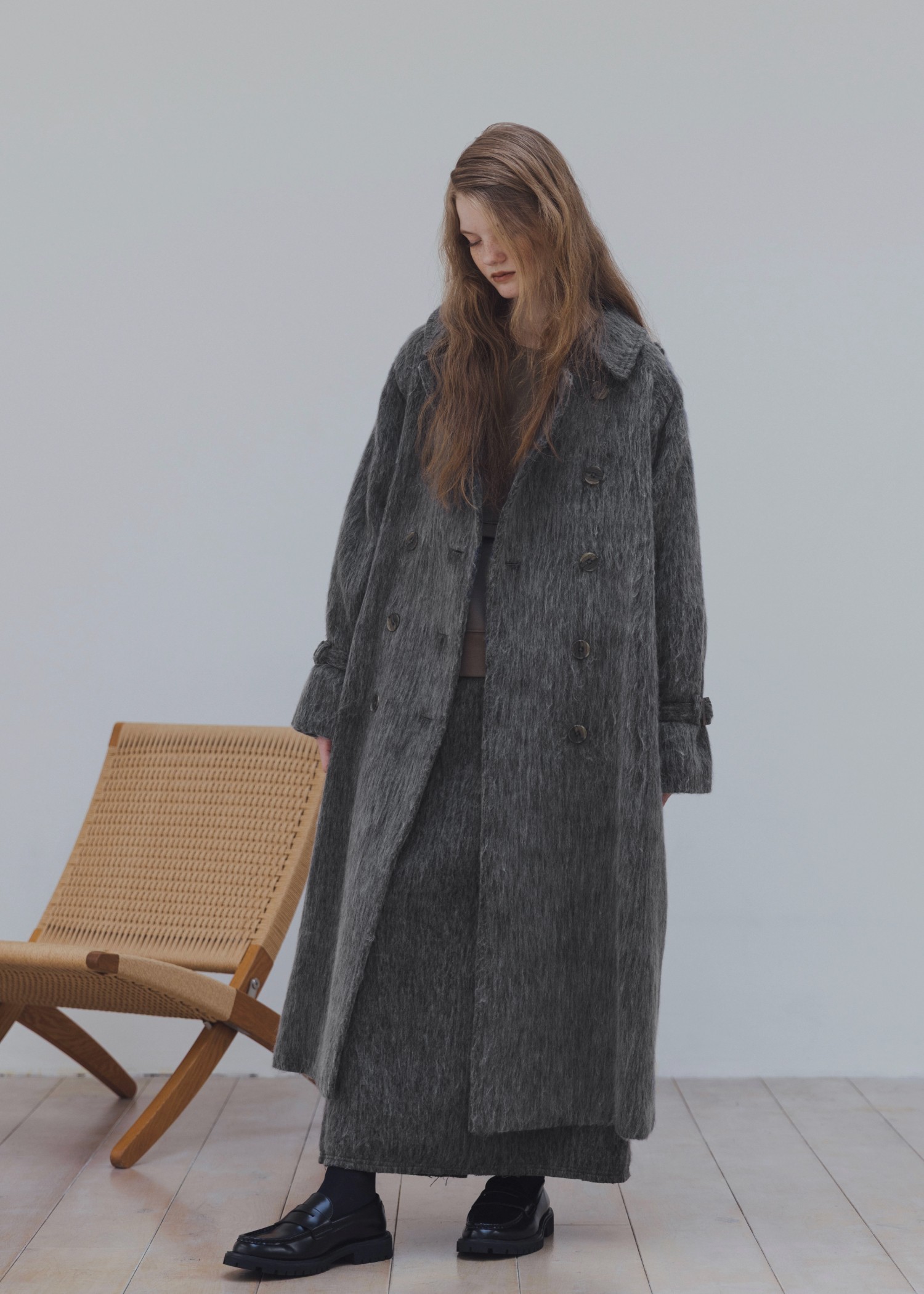 shaggy volume sleeve trench long coat