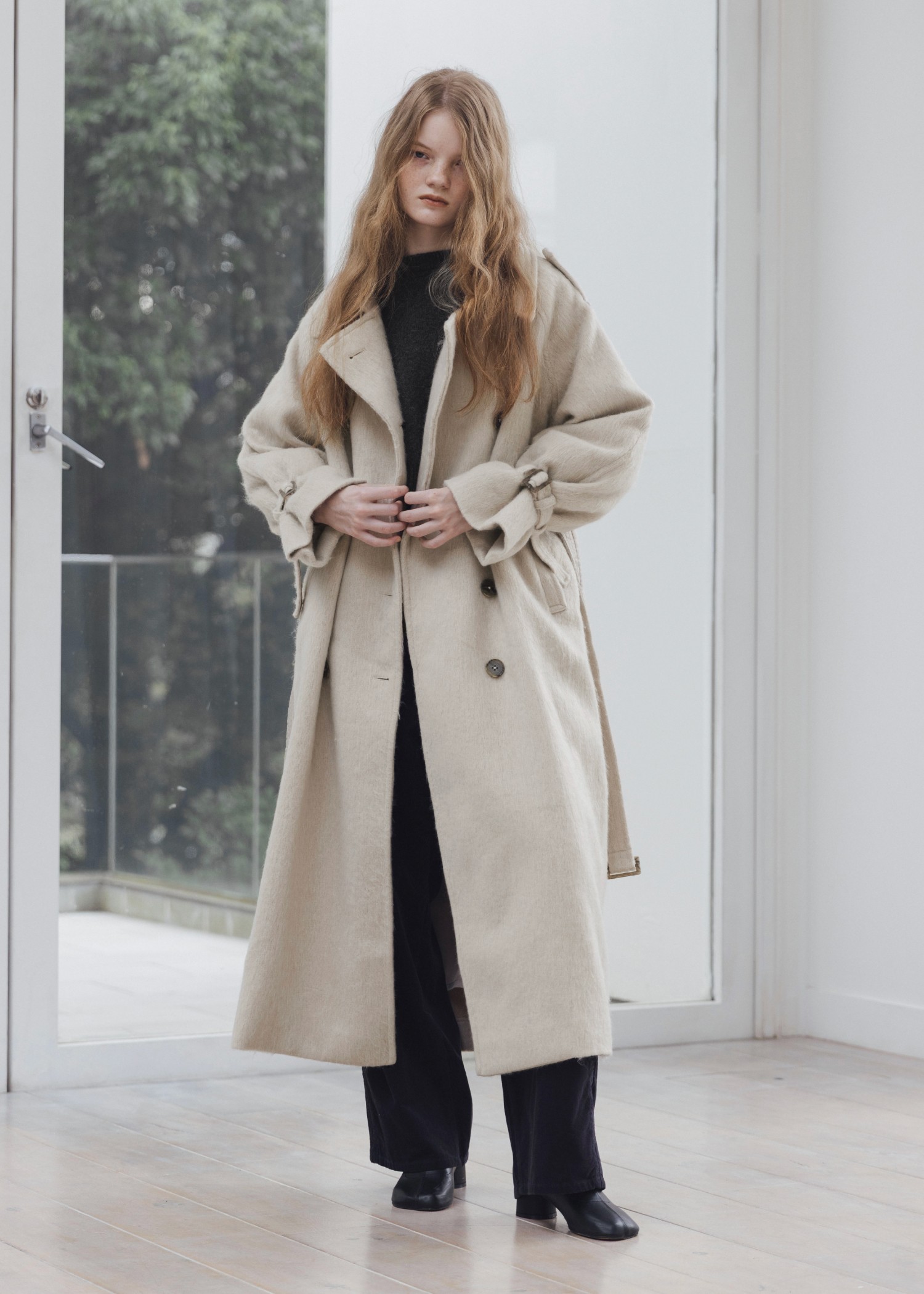 shaggy volume sleeve trench long coat