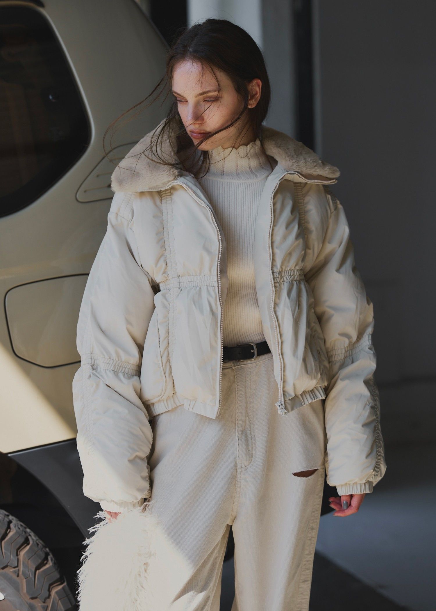 down stitch check fur collar short JK