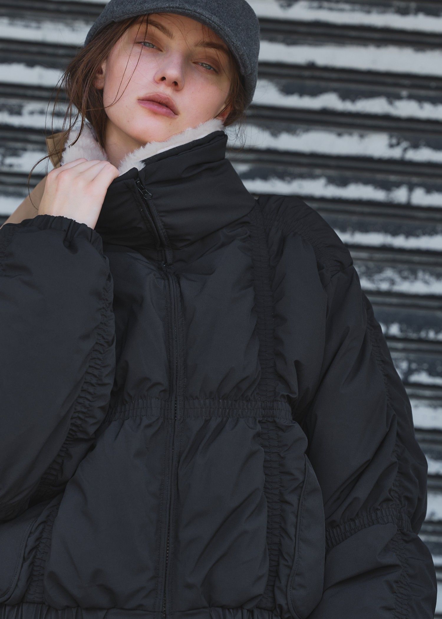 down stitch check fur collar short JK