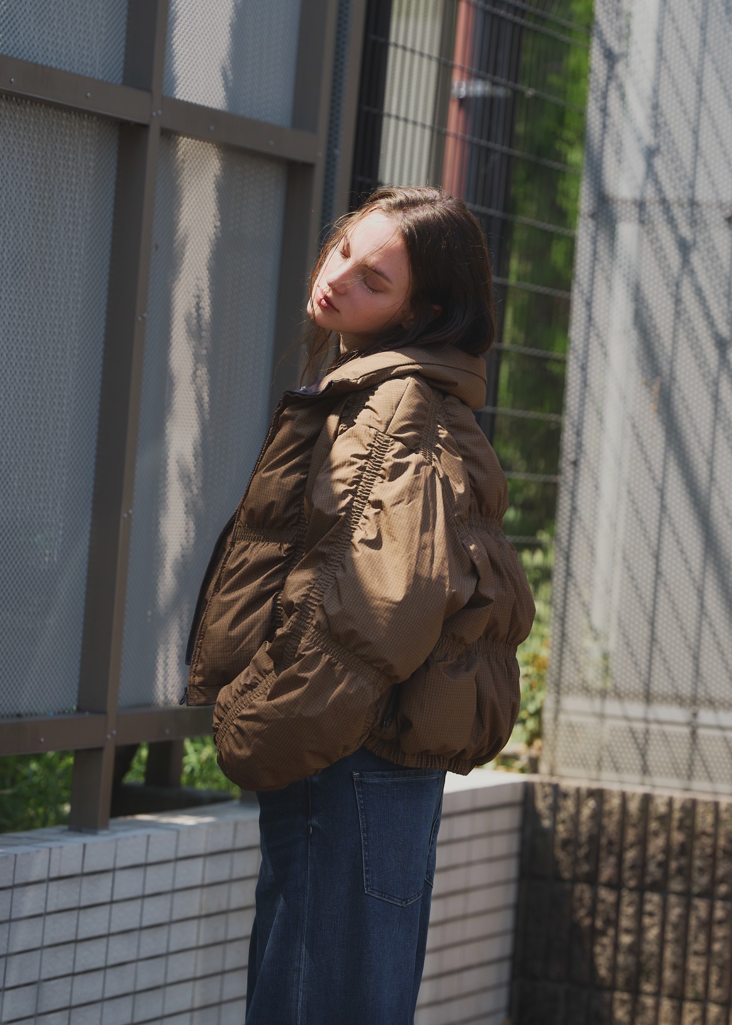 down stitch check fur collar short JK