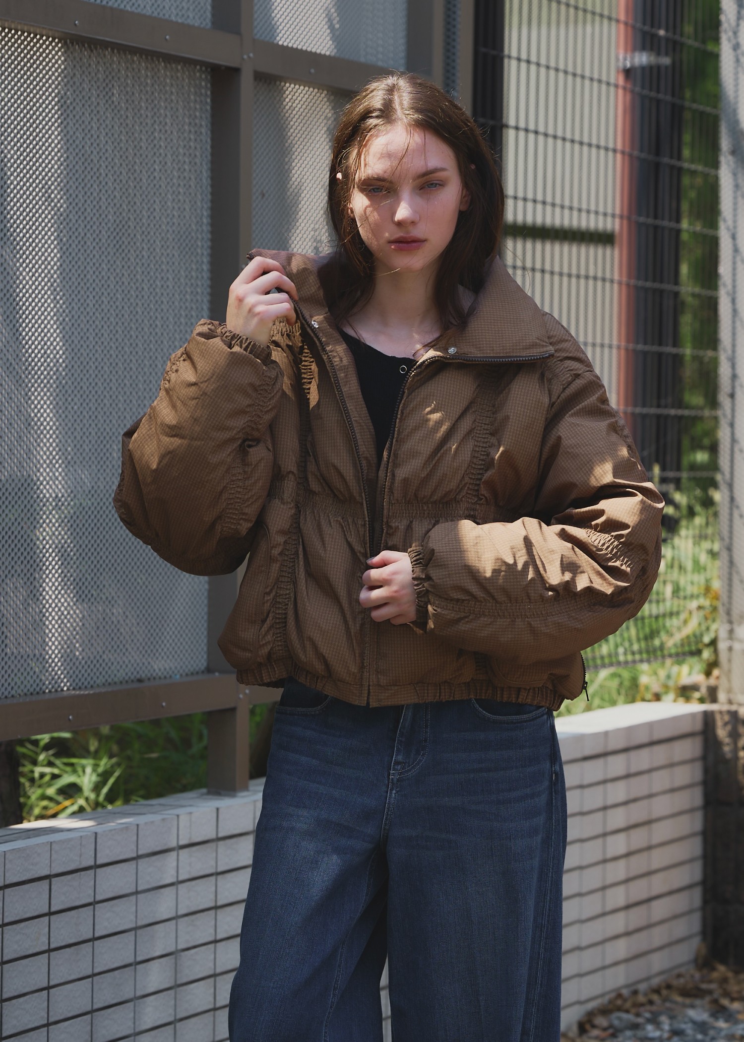 down stitch check fur collar short JK