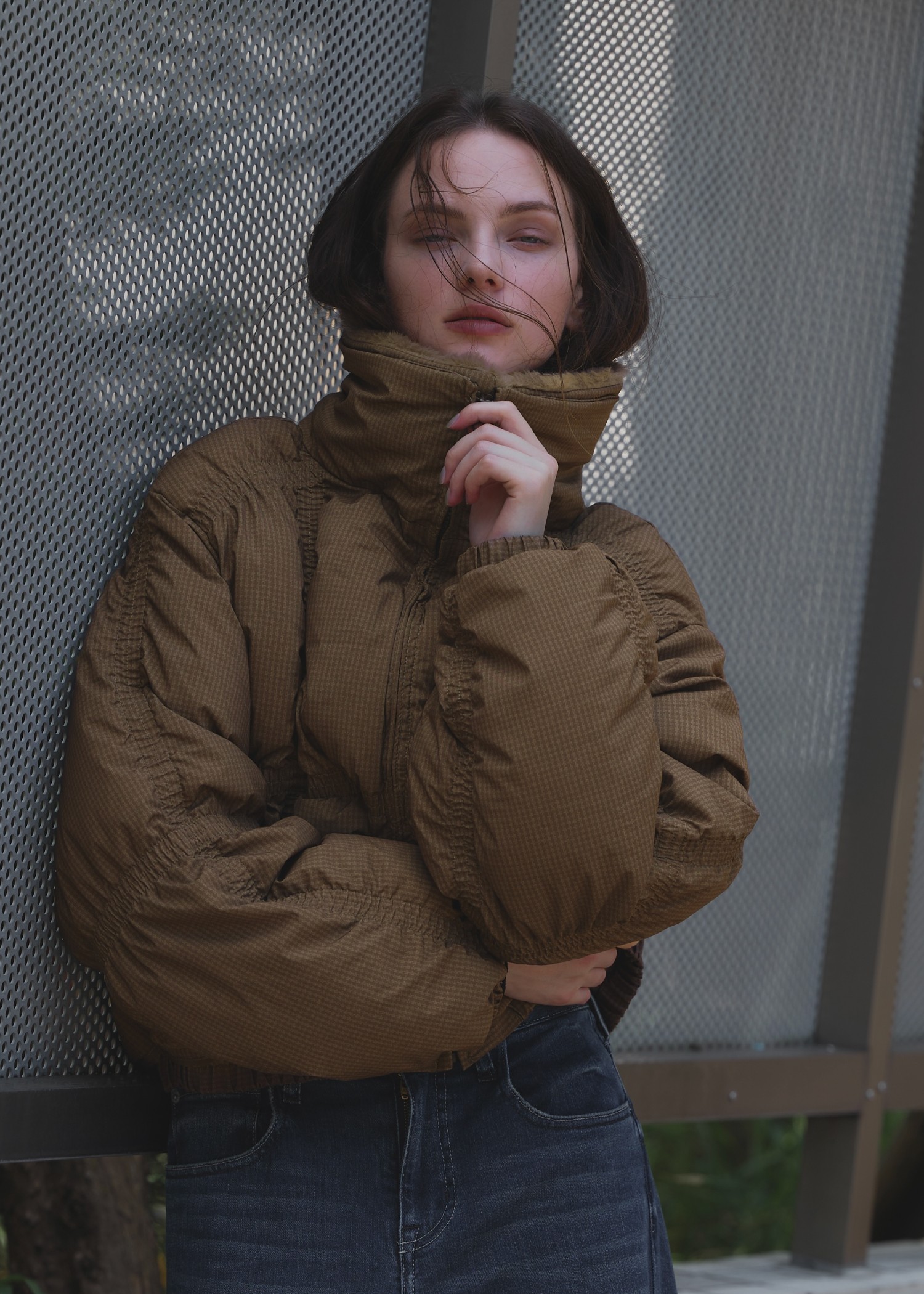 down stitch check fur collar short JK