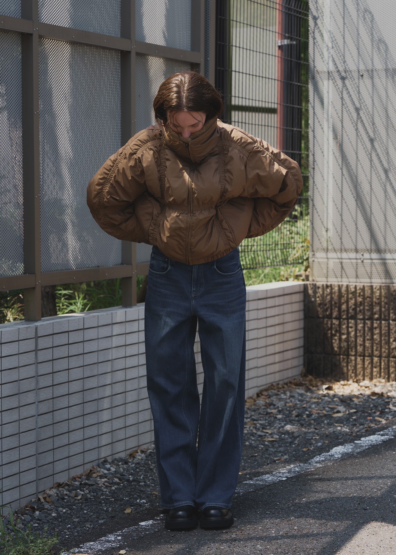 down stitch check fur collar short JK