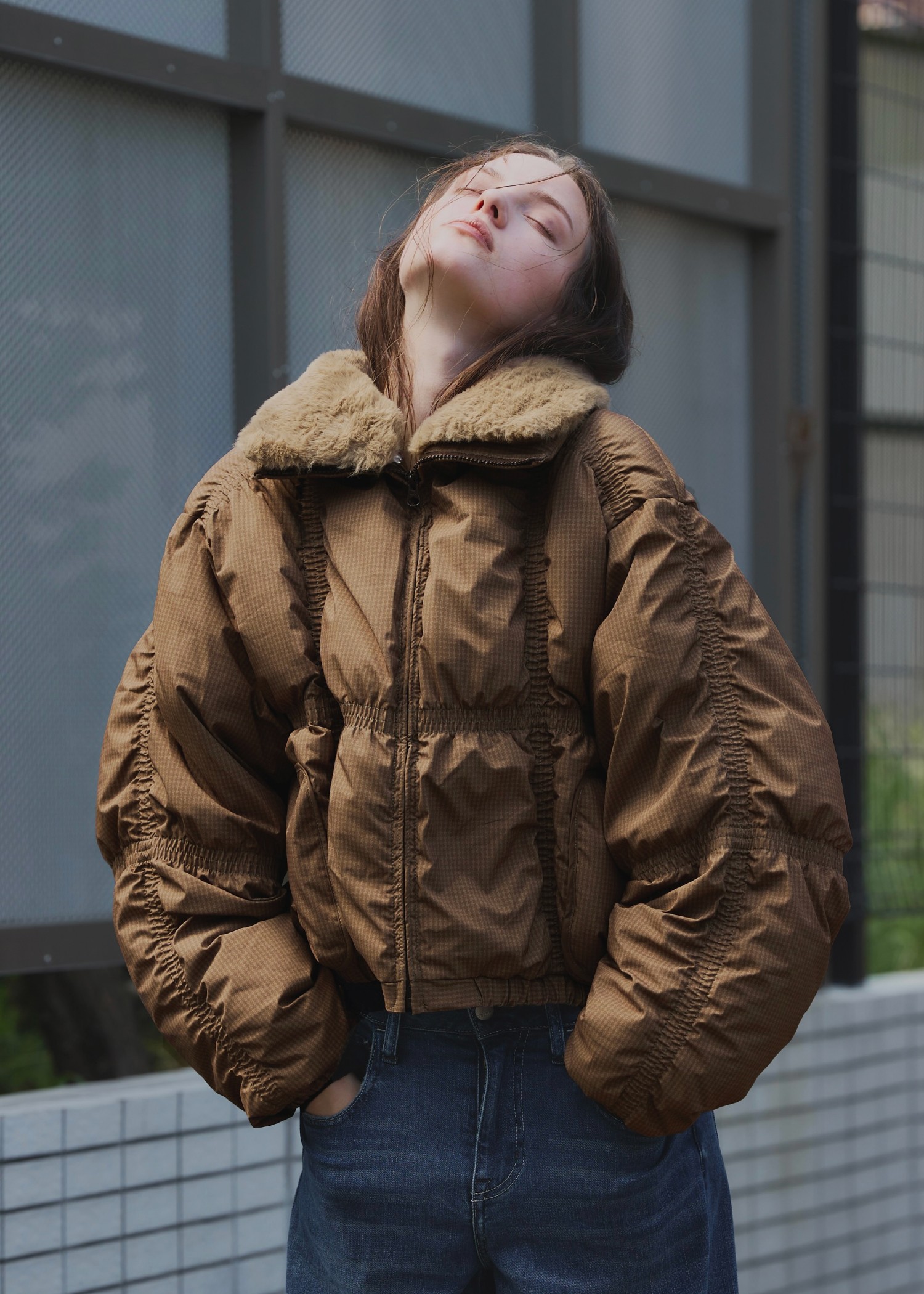 down stitch check fur collar short JK