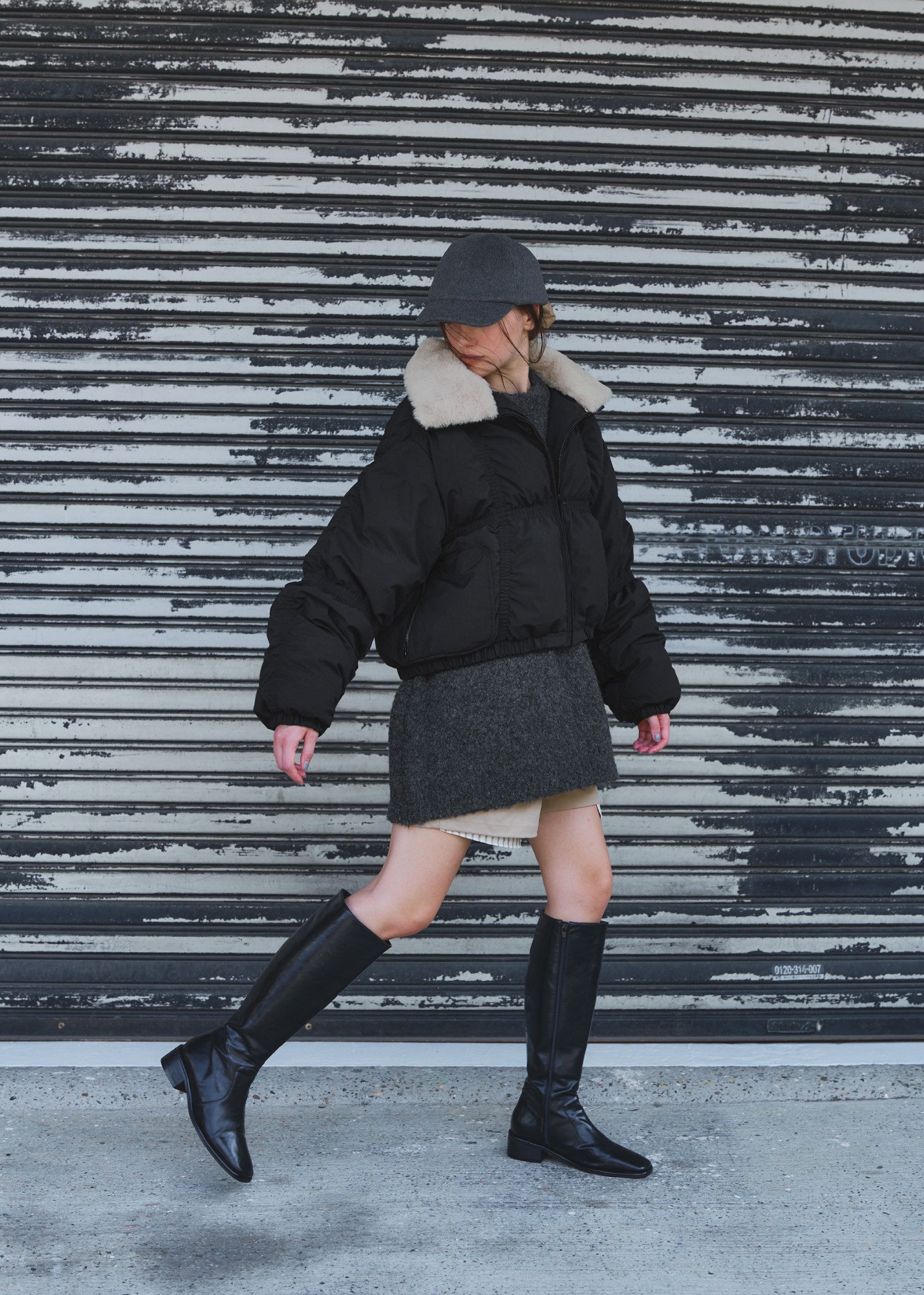 down stitch check fur collar short JK