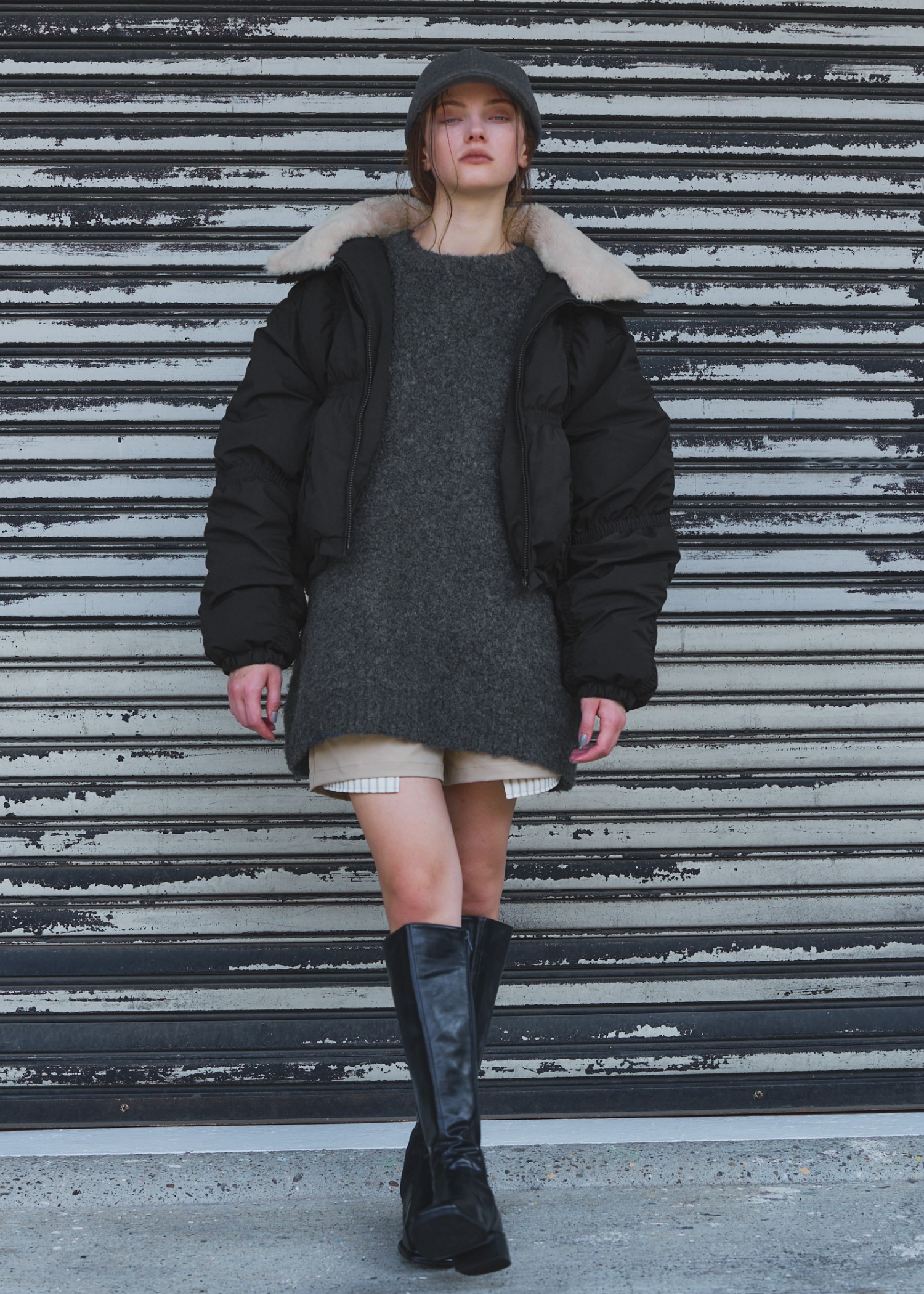 down stitch check fur collar short JK