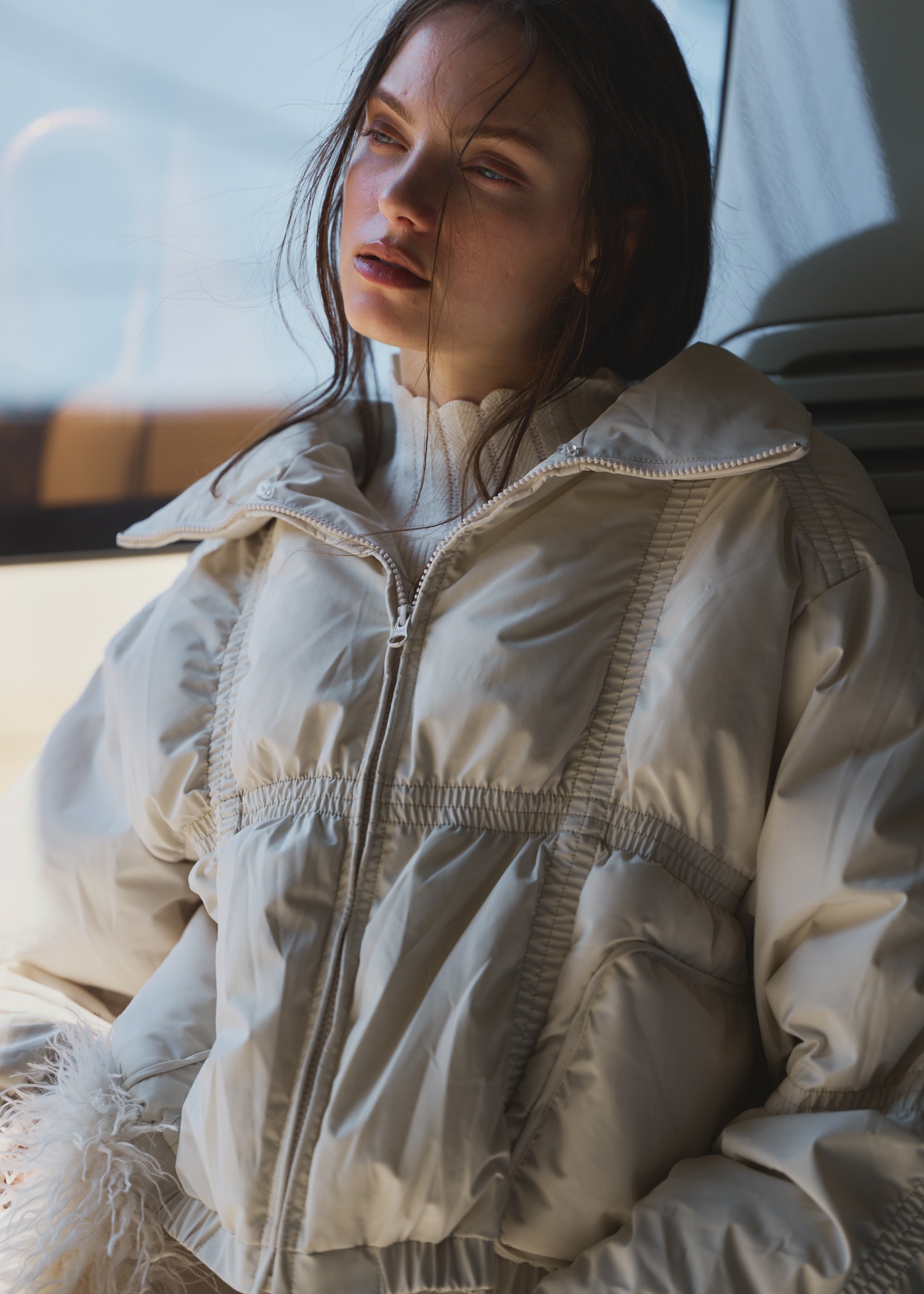 down stitch check fur collar short JK