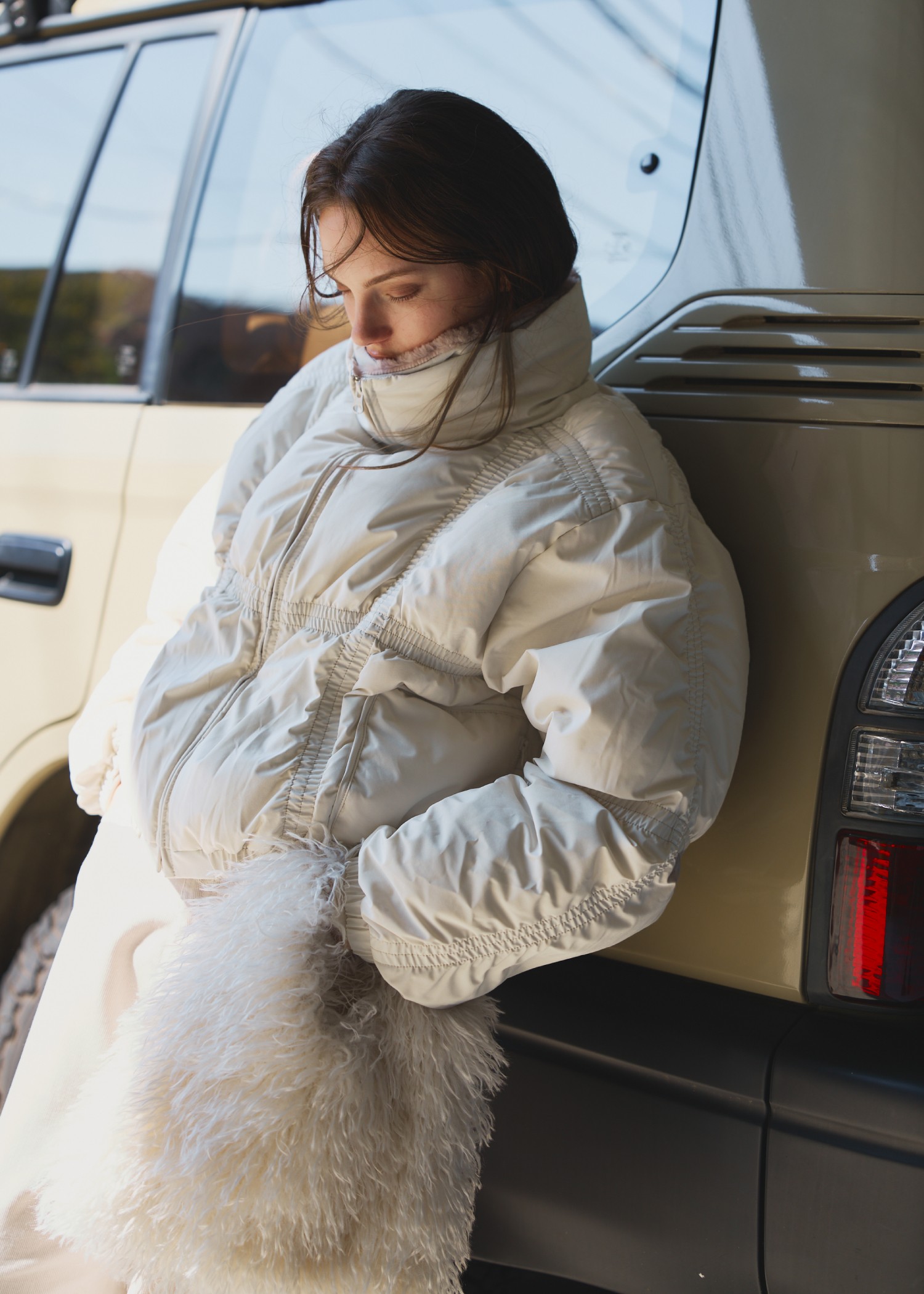 down stitch check fur collar short JK