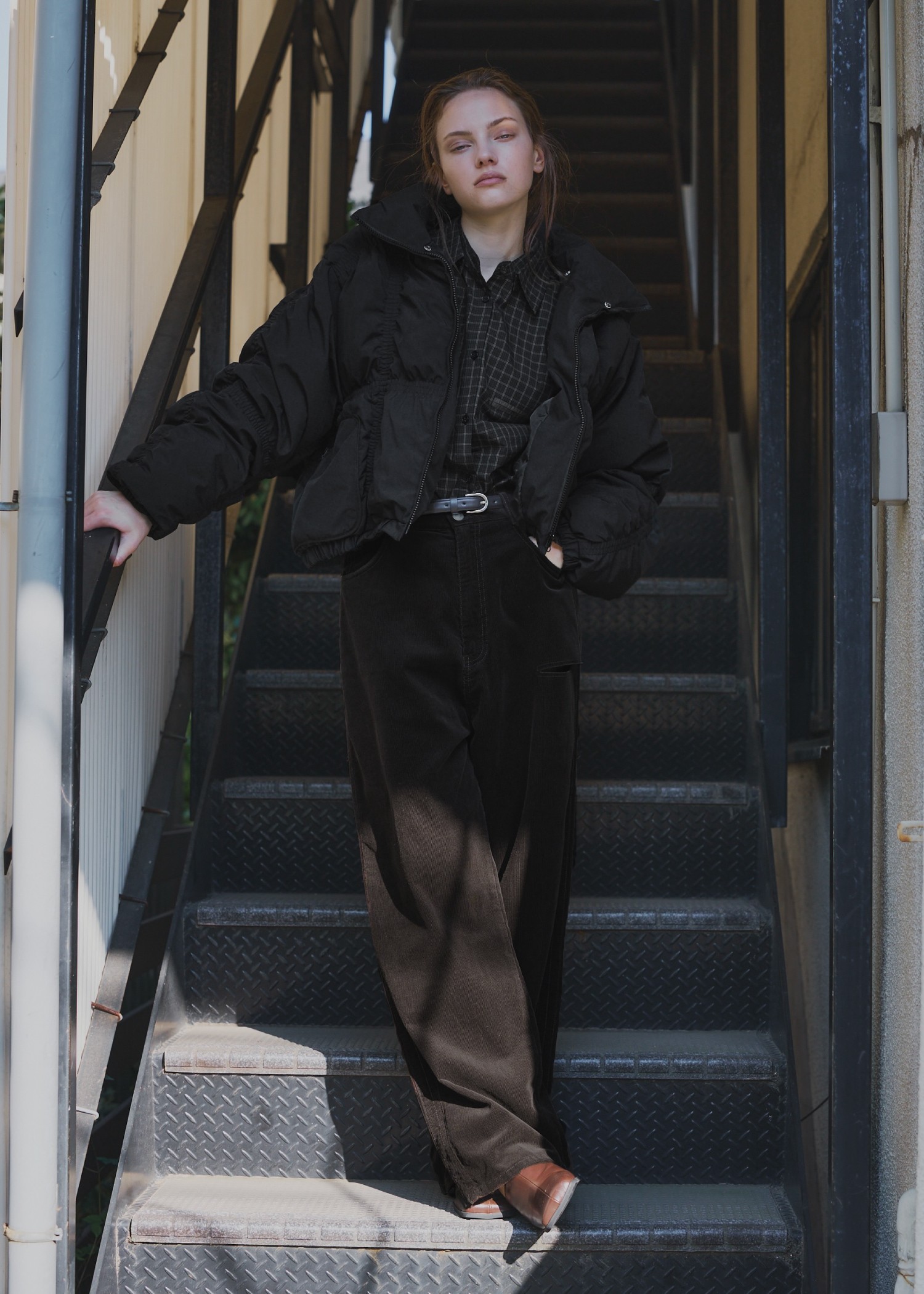 down stitch check fur collar short JK