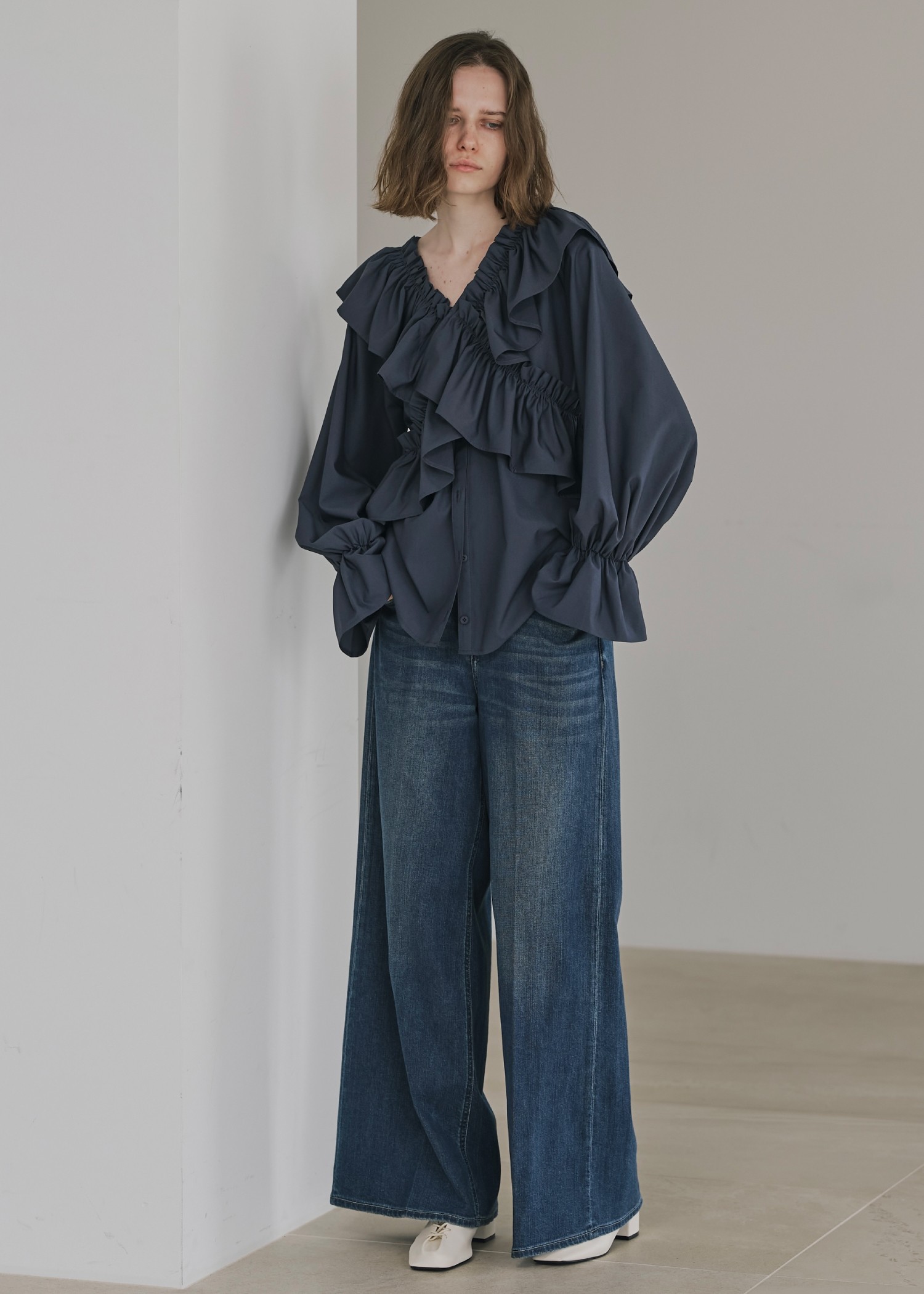 【Healthy DENIM × WILLFULLY】"Harmonia" waist frill wide denim PT