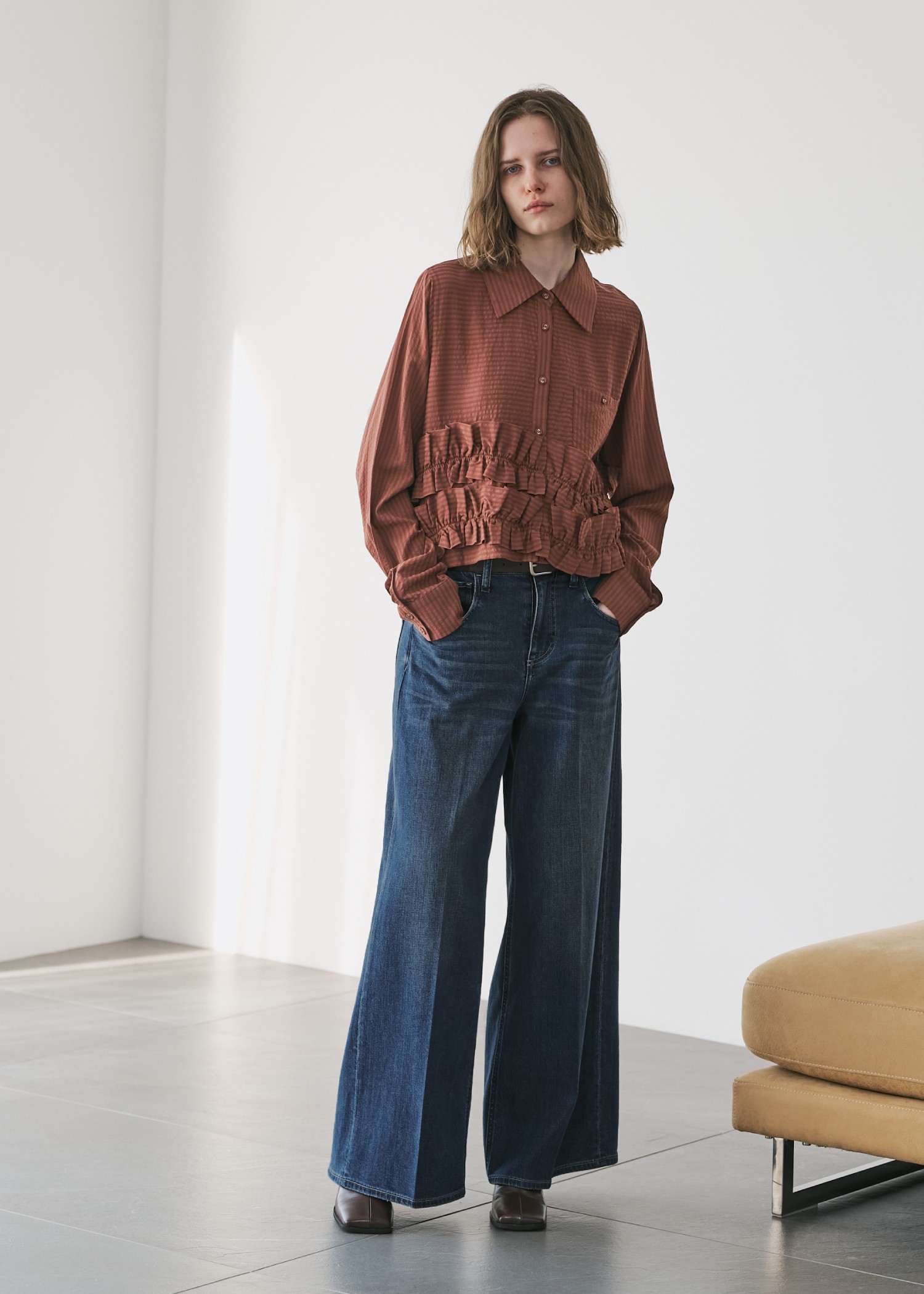 【Healthy DENIM × WILLFULLY】"Harmonia" waist frill wide denim PT