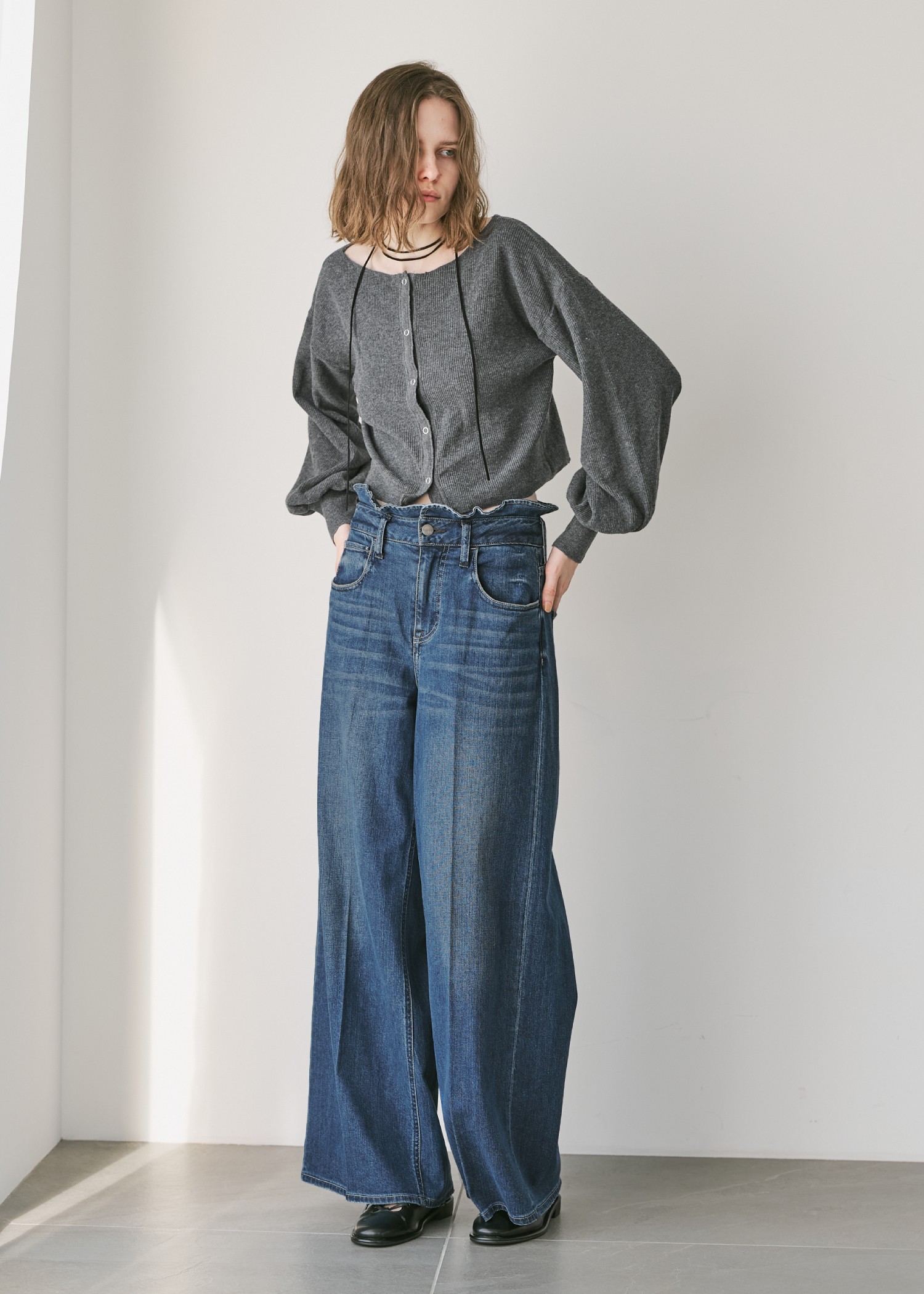 【Healthy DENIM × WILLFULLY】"Harmonia" waist frill wide denim PT