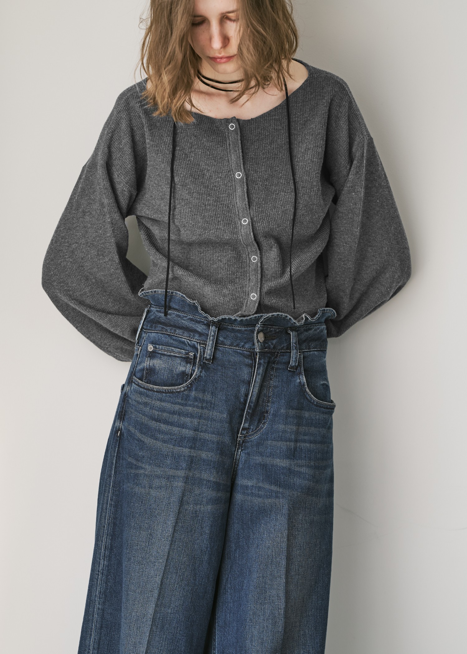 【Healthy DENIM × WILLFULLY】"Harmonia" waist frill wide denim PT