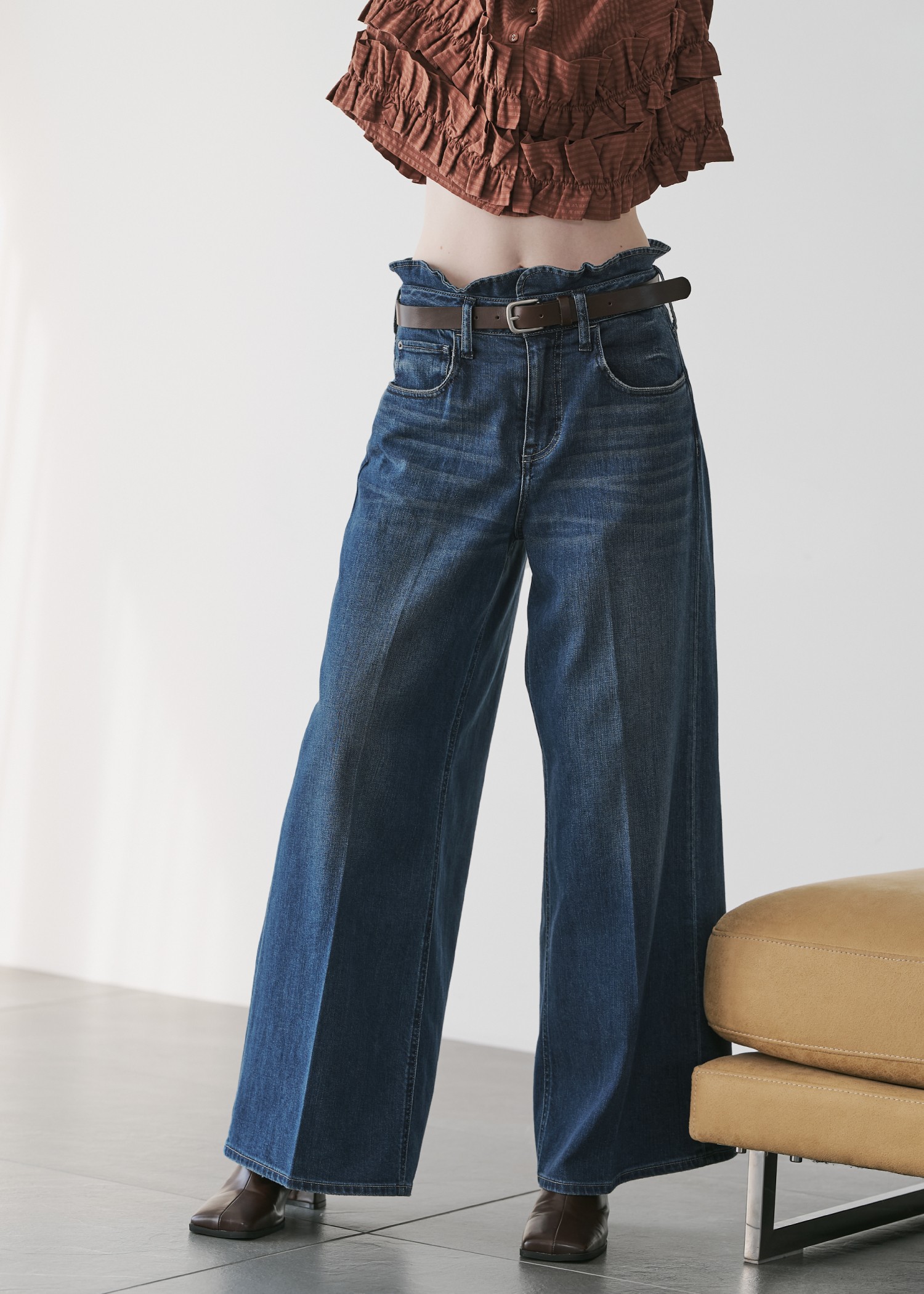 【Healthy DENIM × WILLFULLY】"Harmonia" waist frill wide denim PT