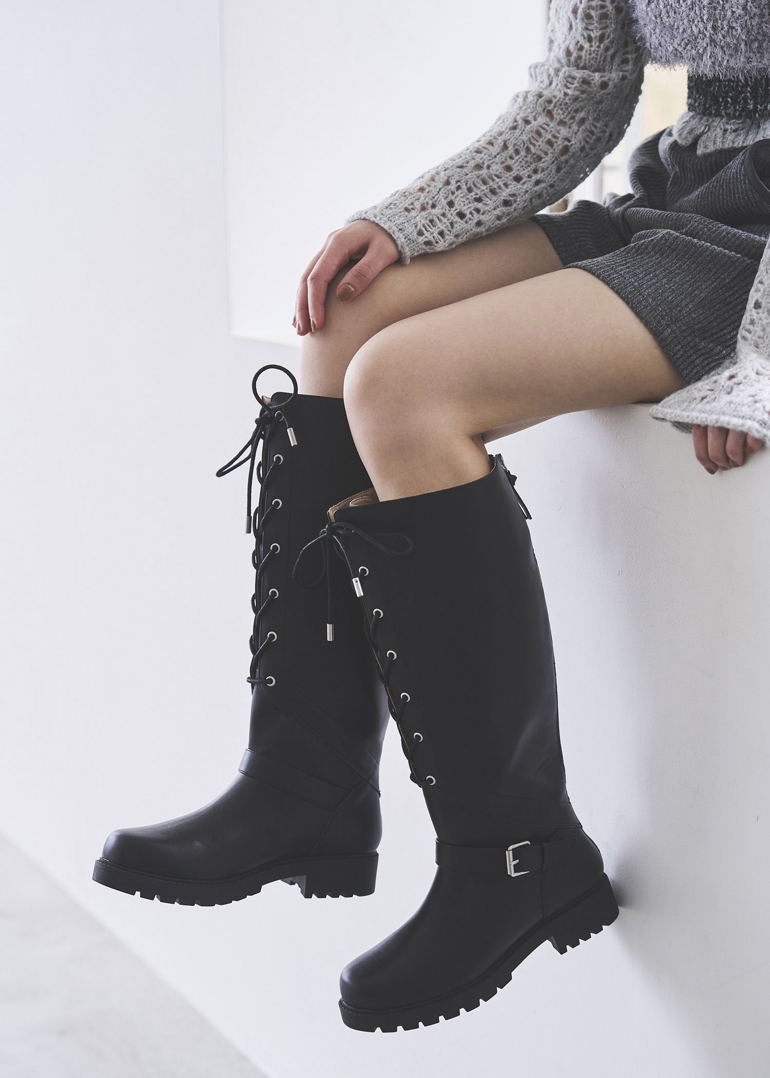 lace up belt design long boots