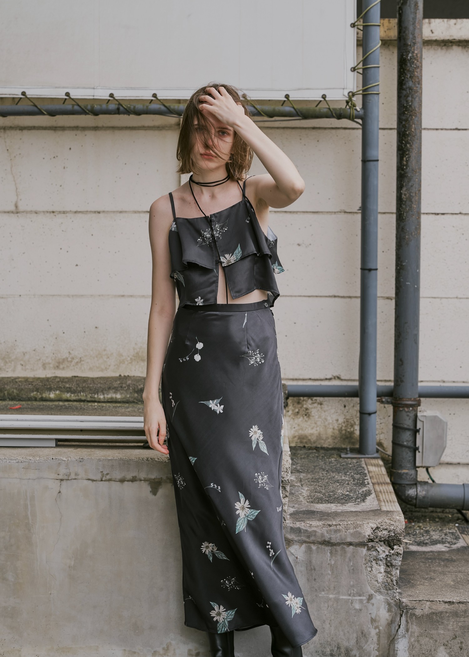 multi flower print bustier skirt SET UP