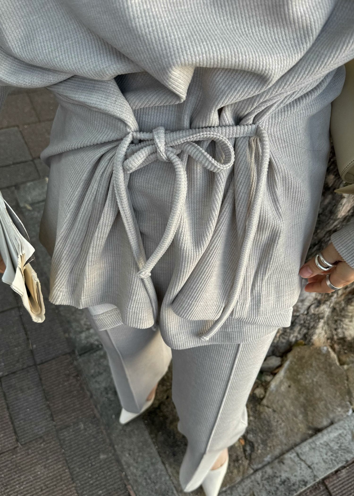 side ribbon tuck bell sleeve rib tops