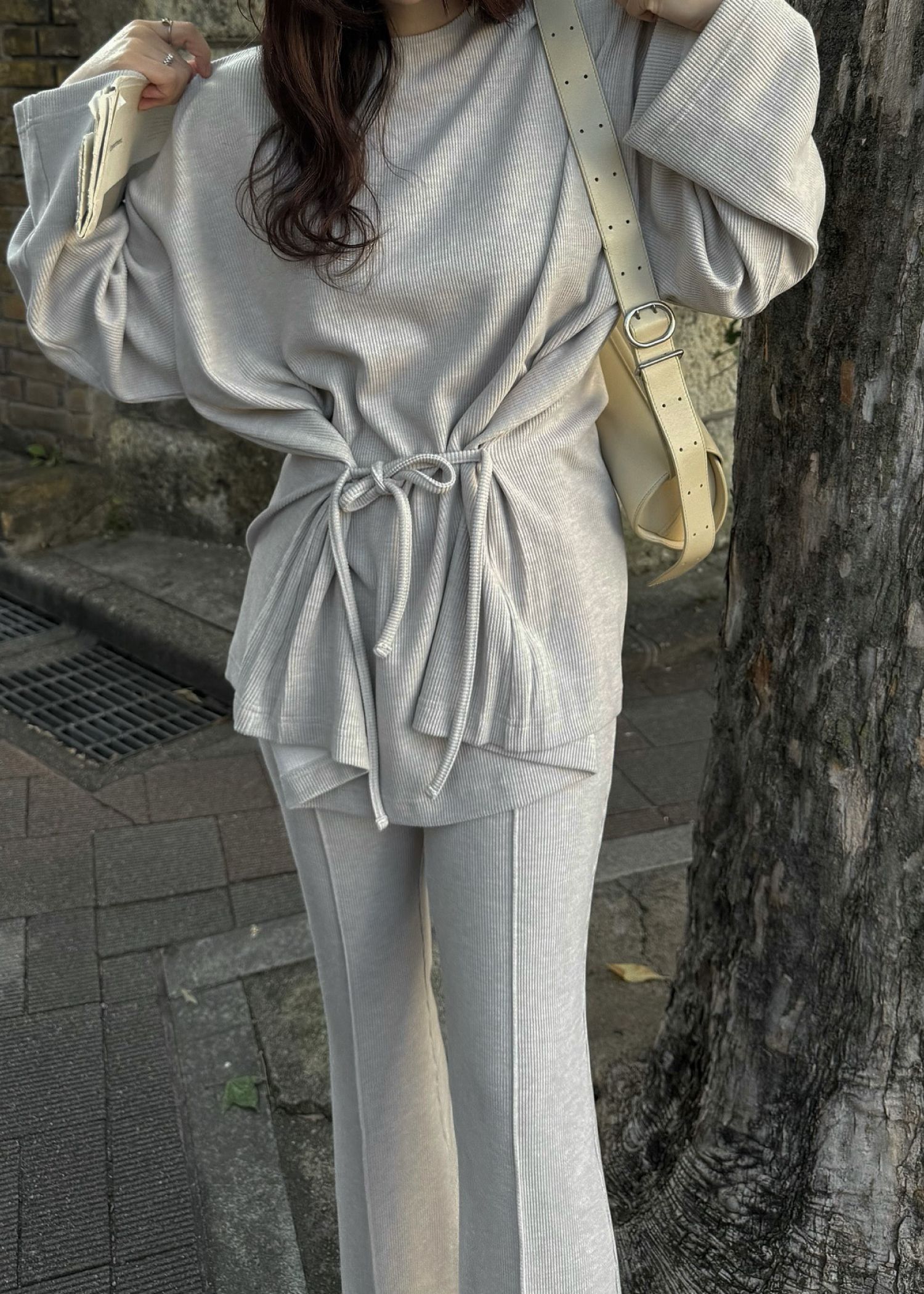 side ribbon tuck bell sleeve rib tops