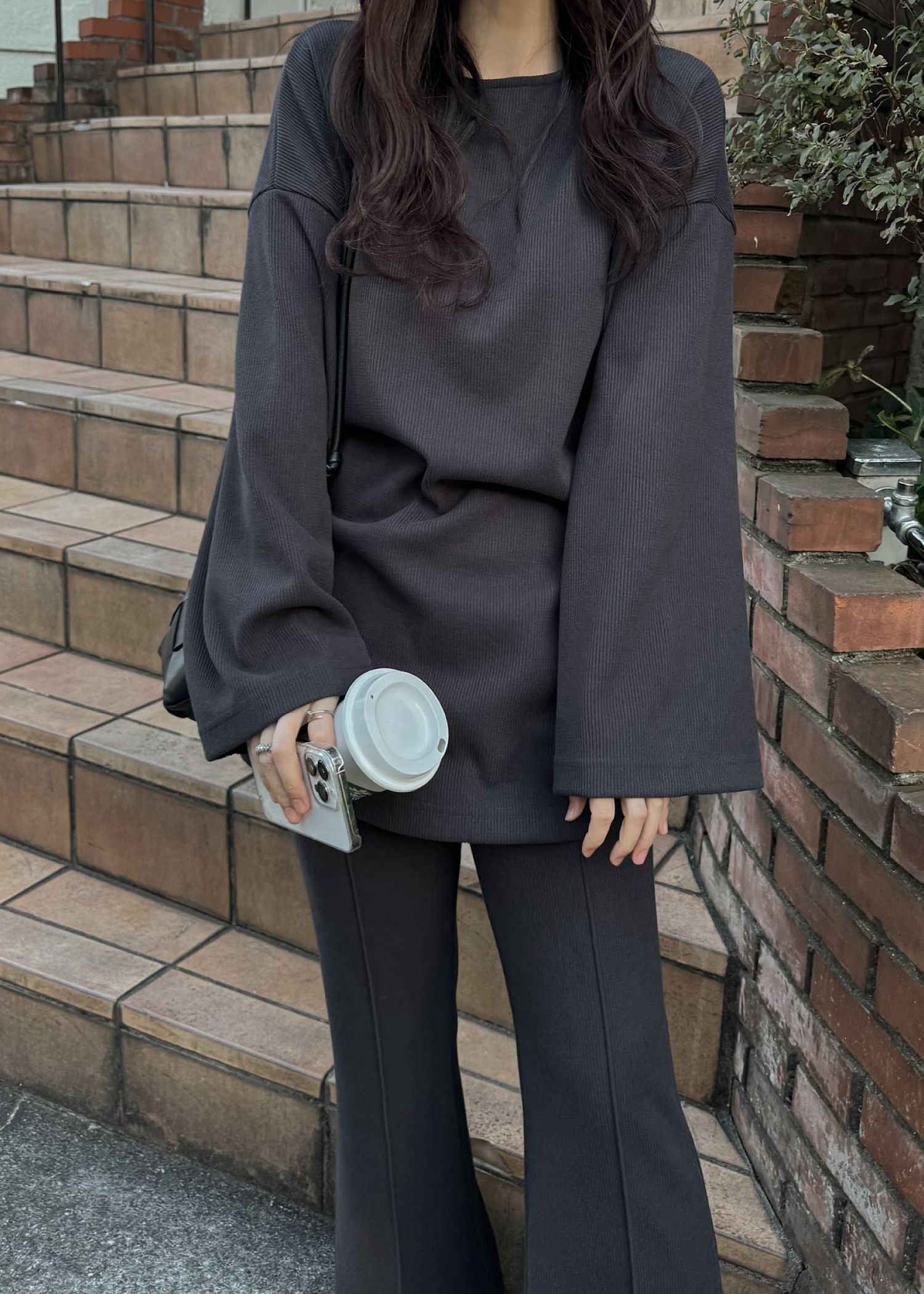 side ribbon tuck bell sleeve rib tops