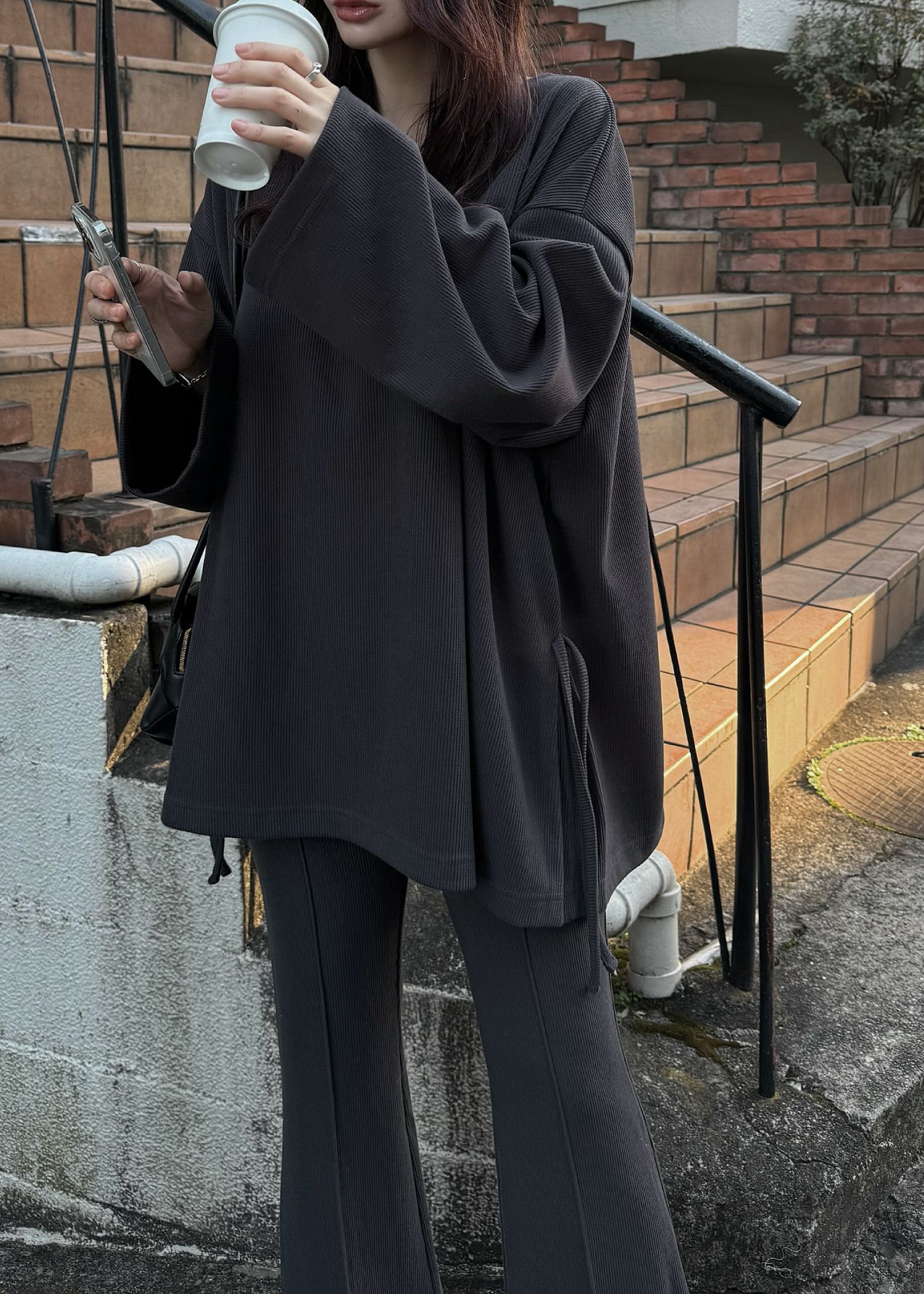 side ribbon tuck bell sleeve rib tops