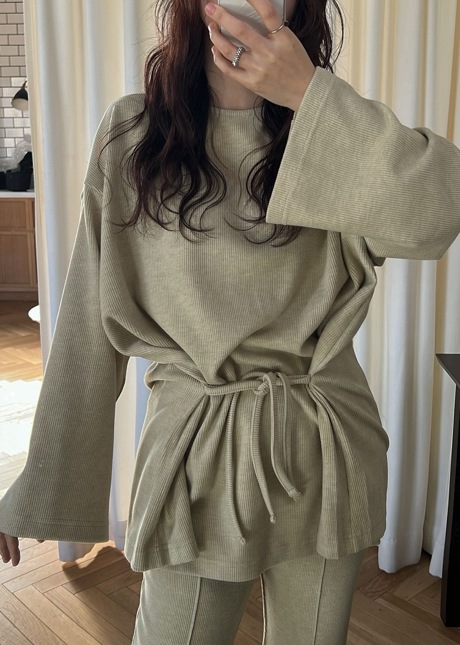 side ribbon tuck bell sleeve rib tops