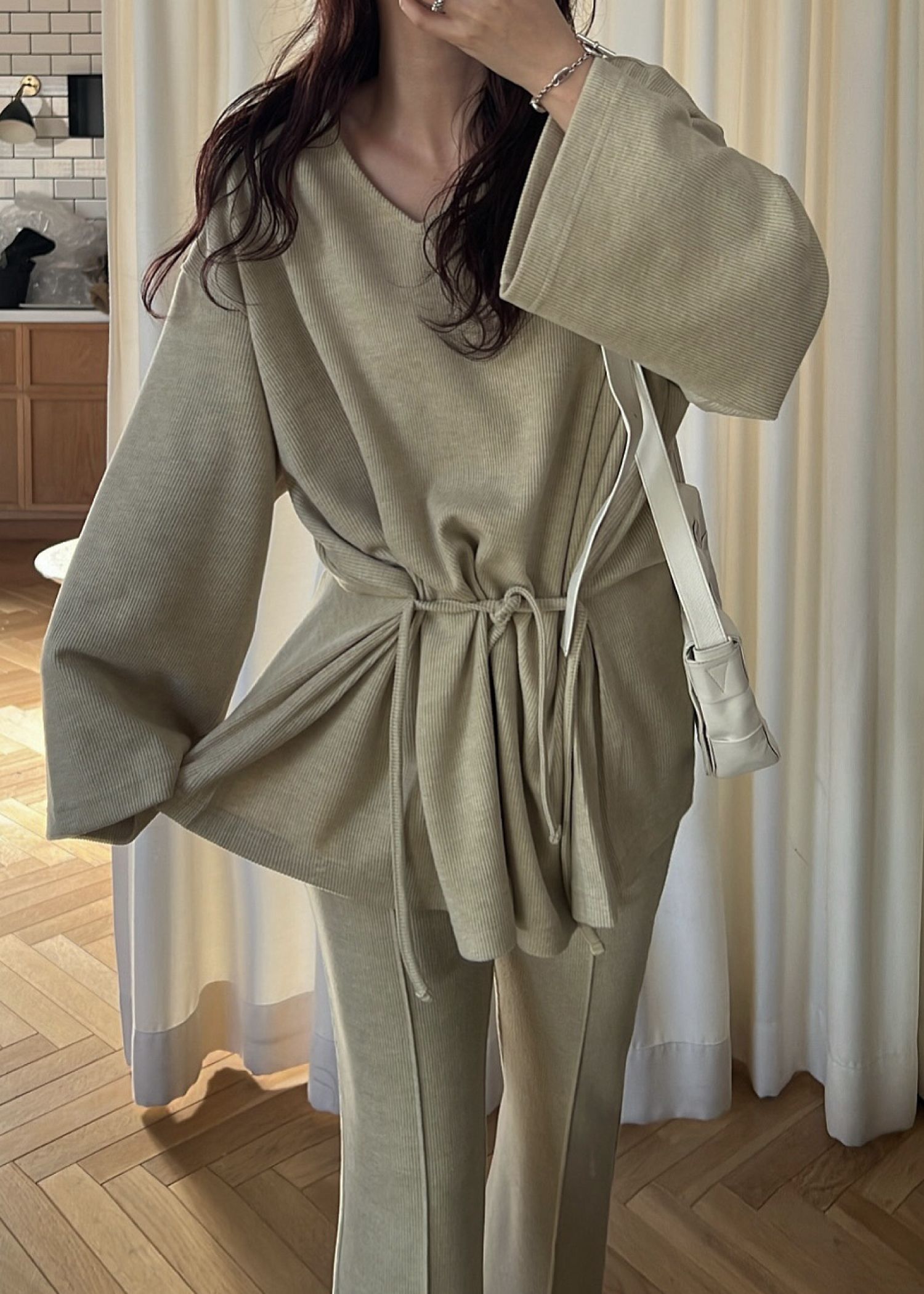 side ribbon tuck bell sleeve rib tops