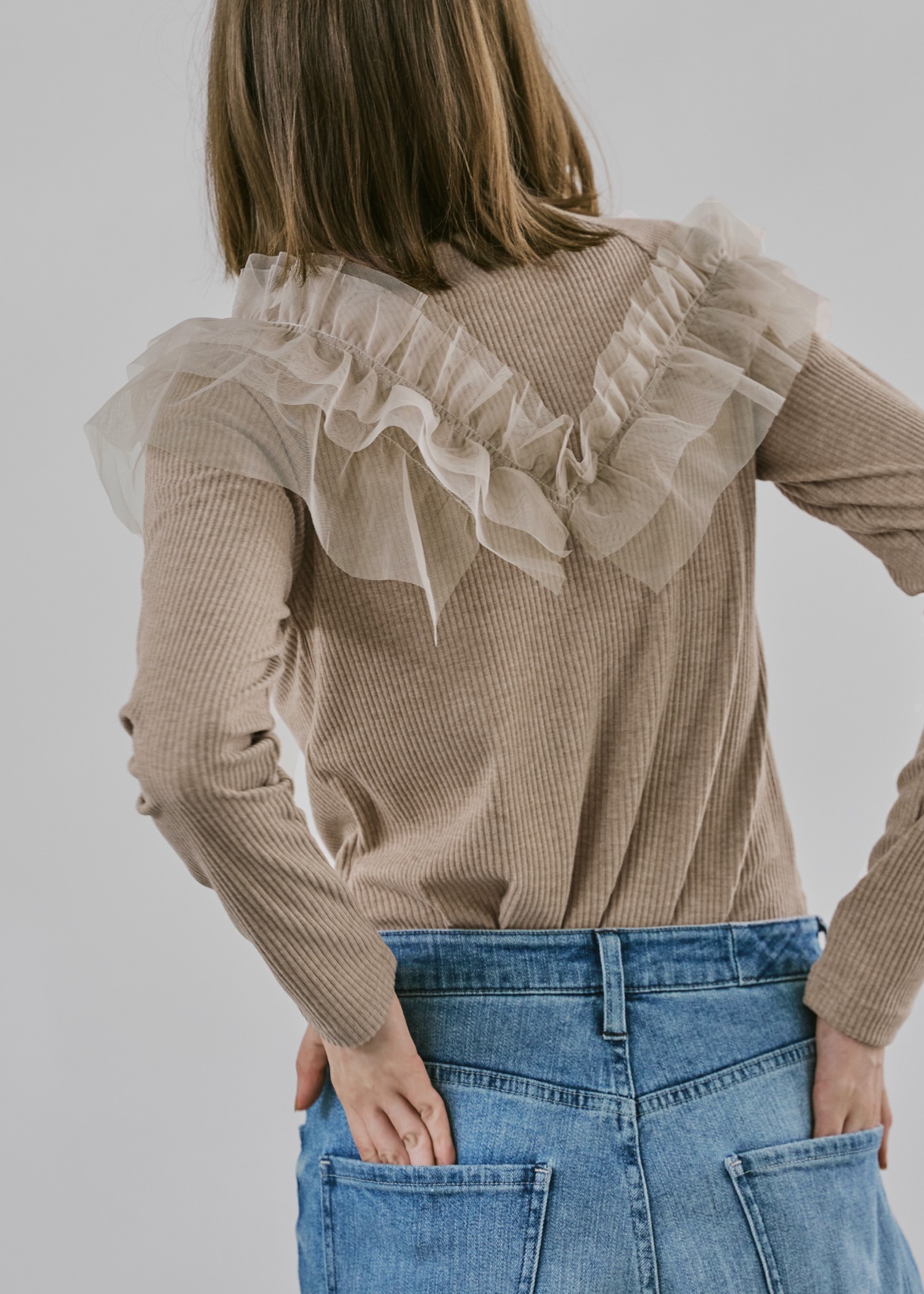 asymmetry tulle frill docking rib tops