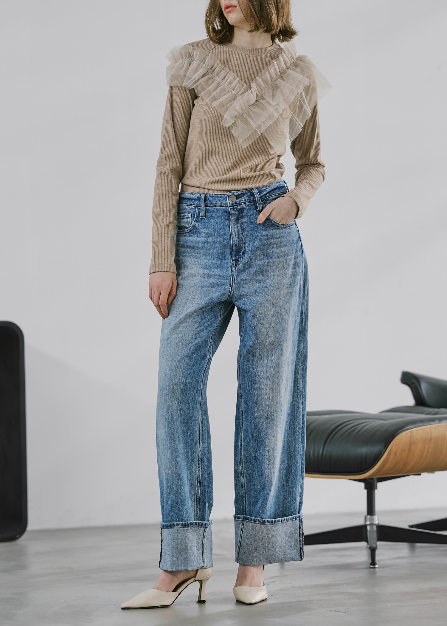 asymmetry tulle frill docking rib tops