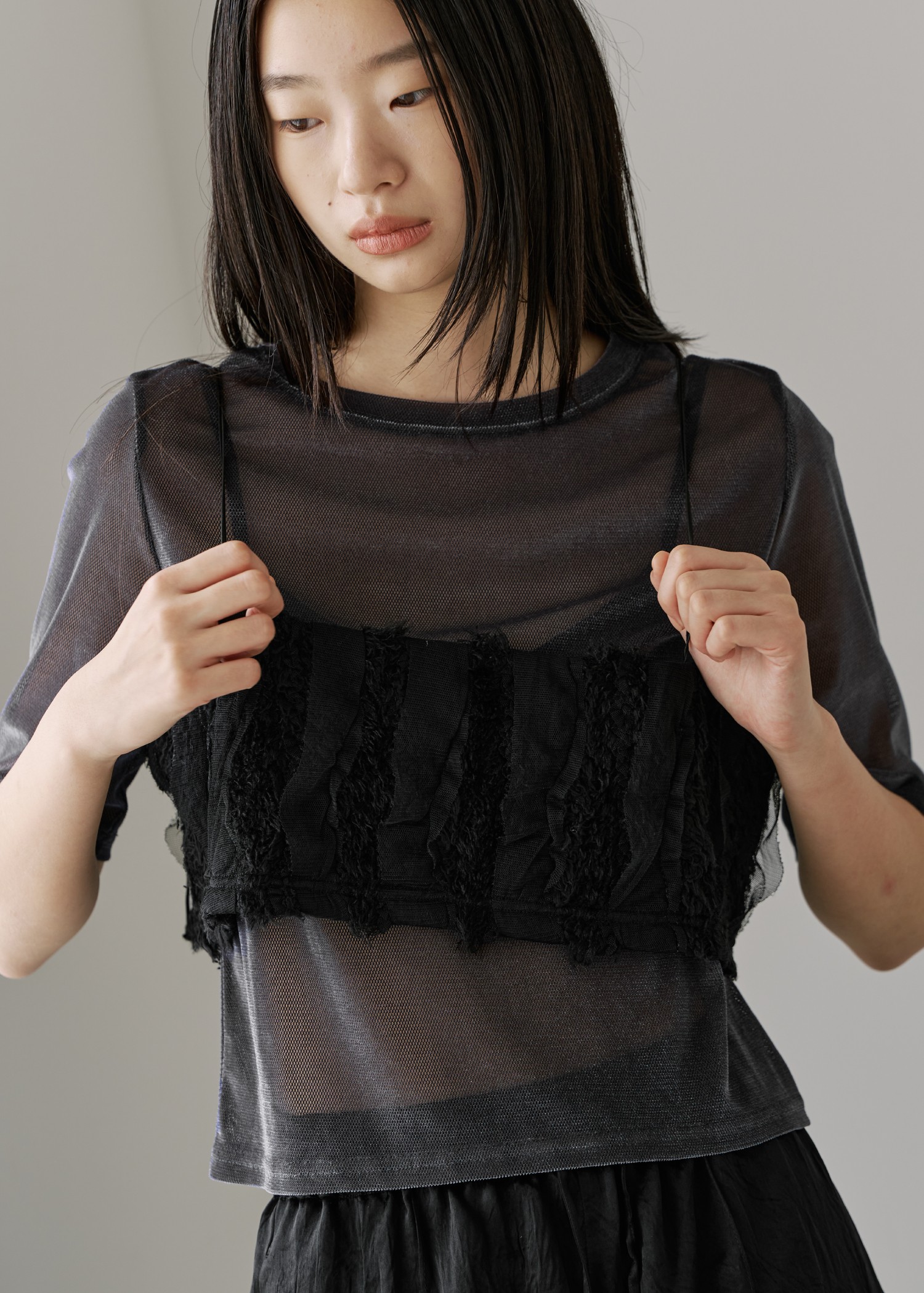 fringe tulle stripe 2way camisole
