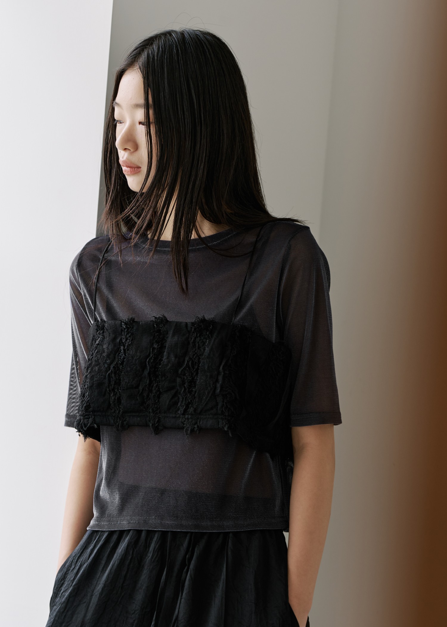 fringe tulle stripe 2way camisole