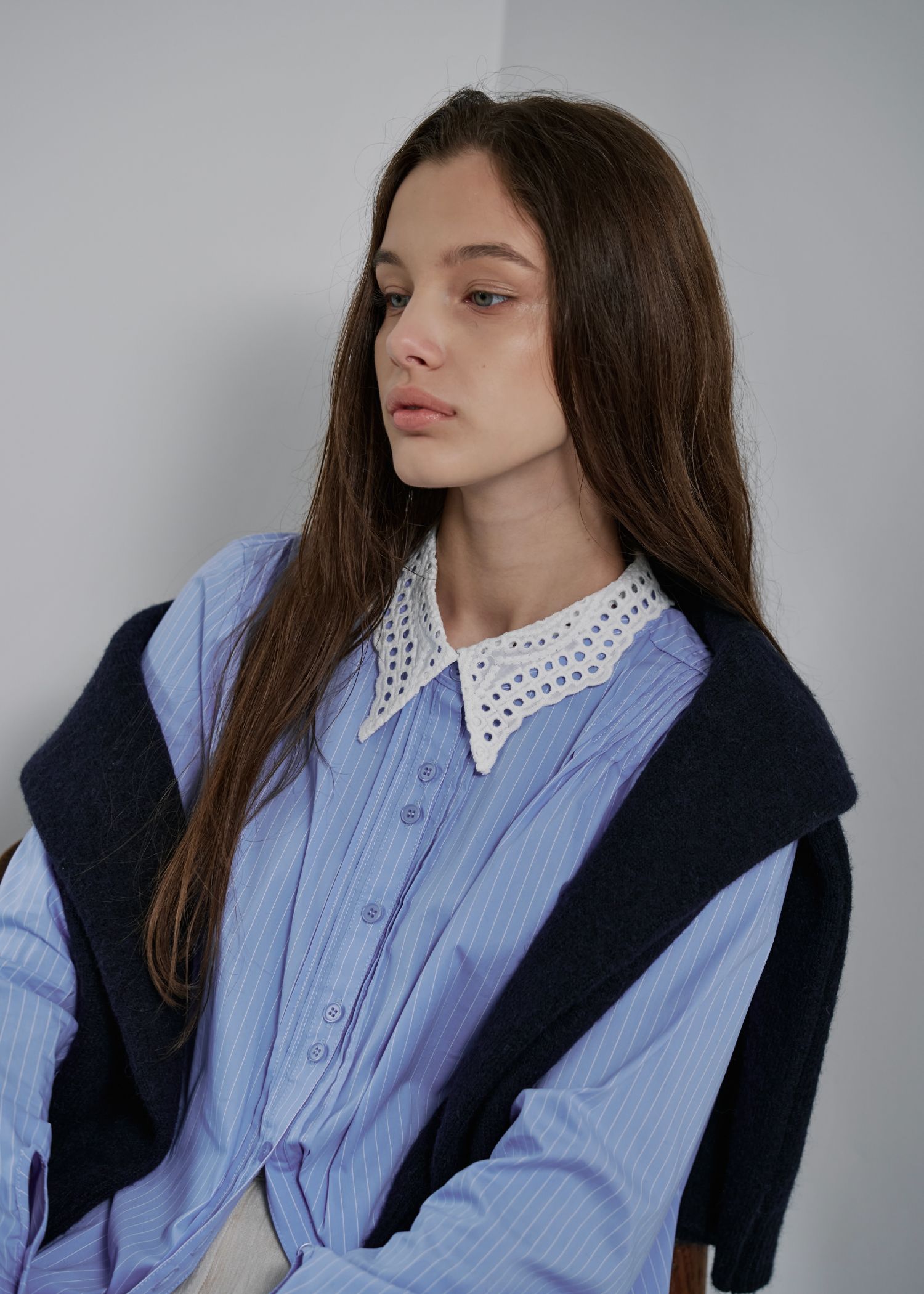 lace collar hem shoulder pintuck SH