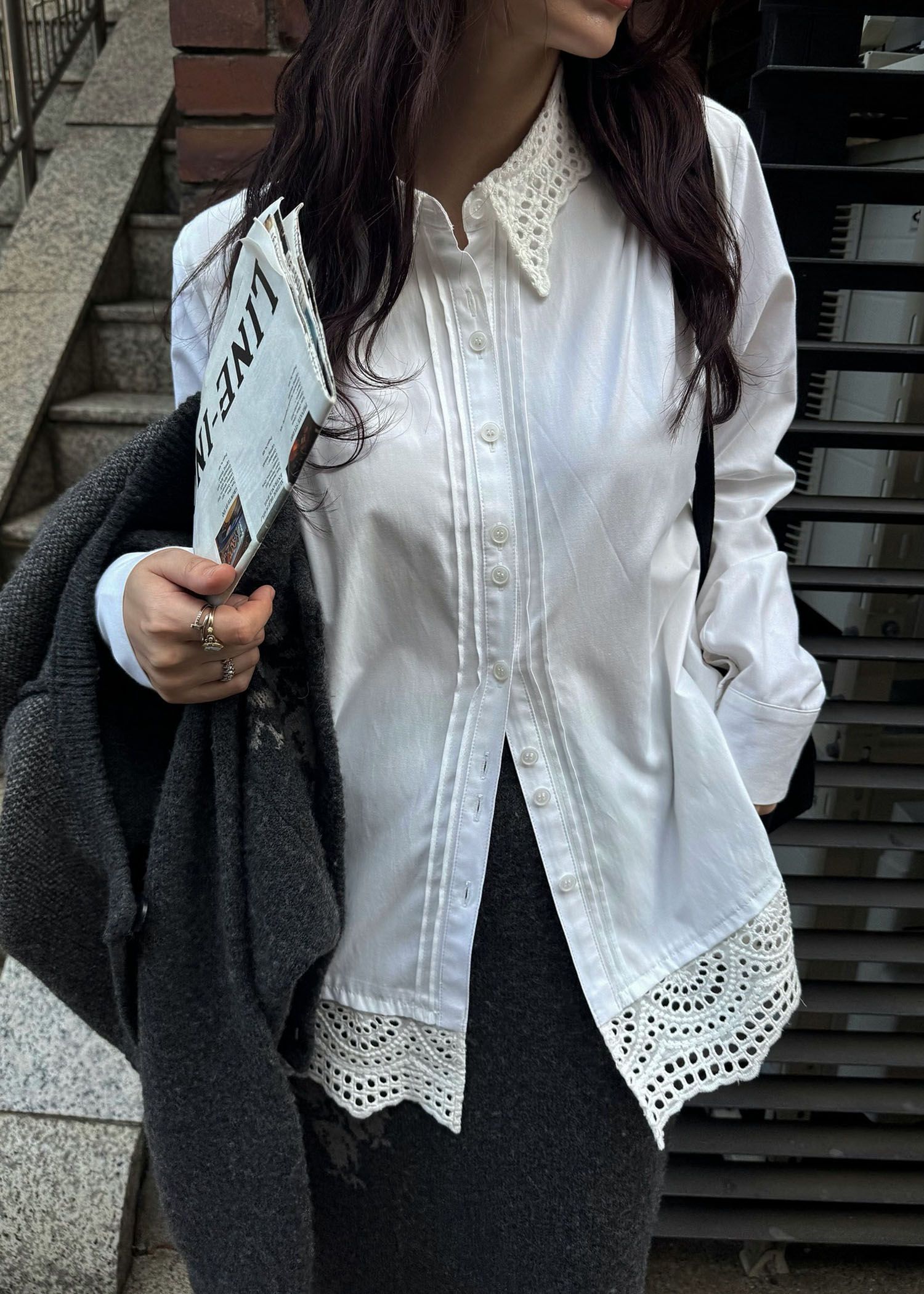 lace collar hem shoulder pintuck SH