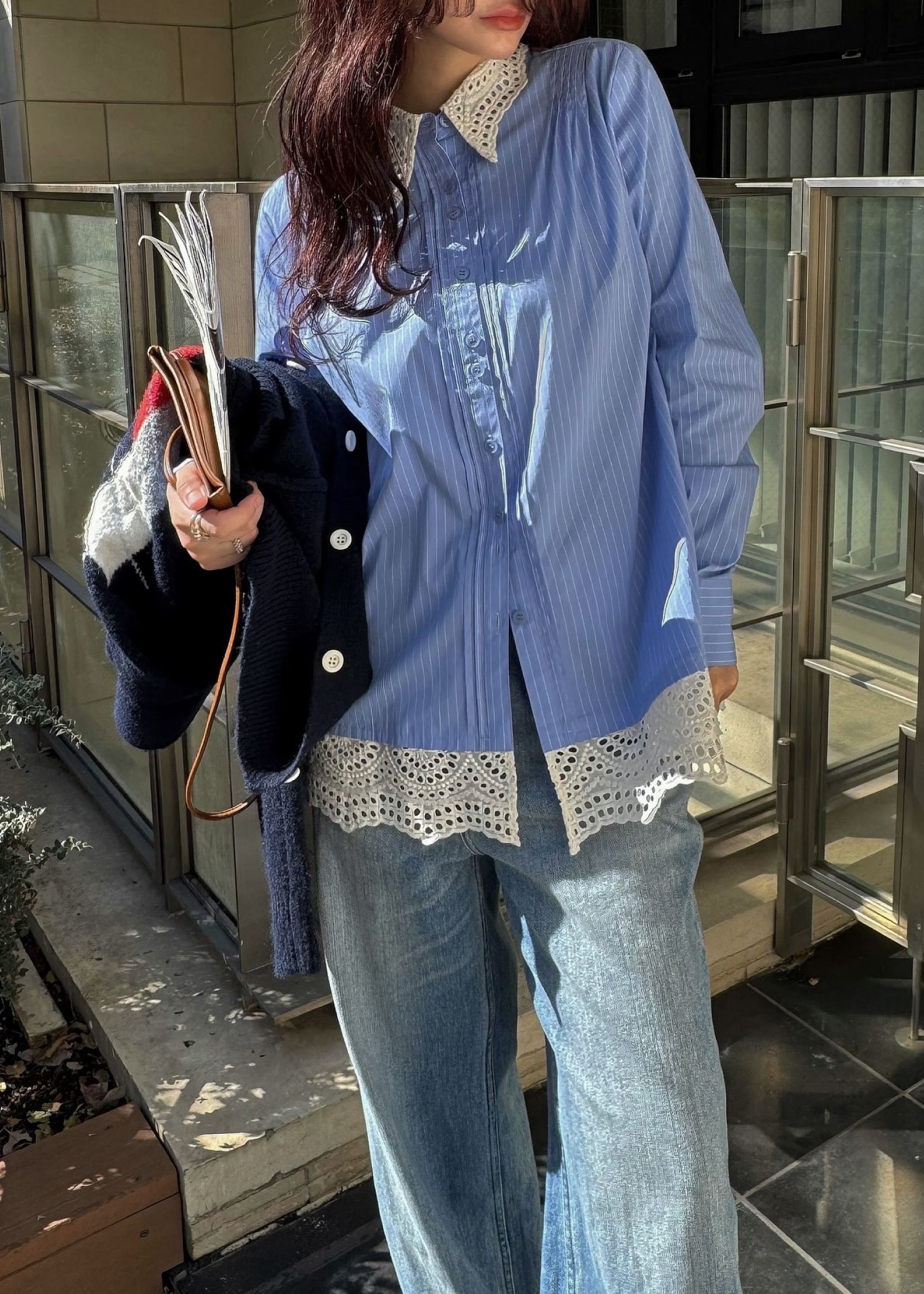 lace collar hem shoulder pintuck SH