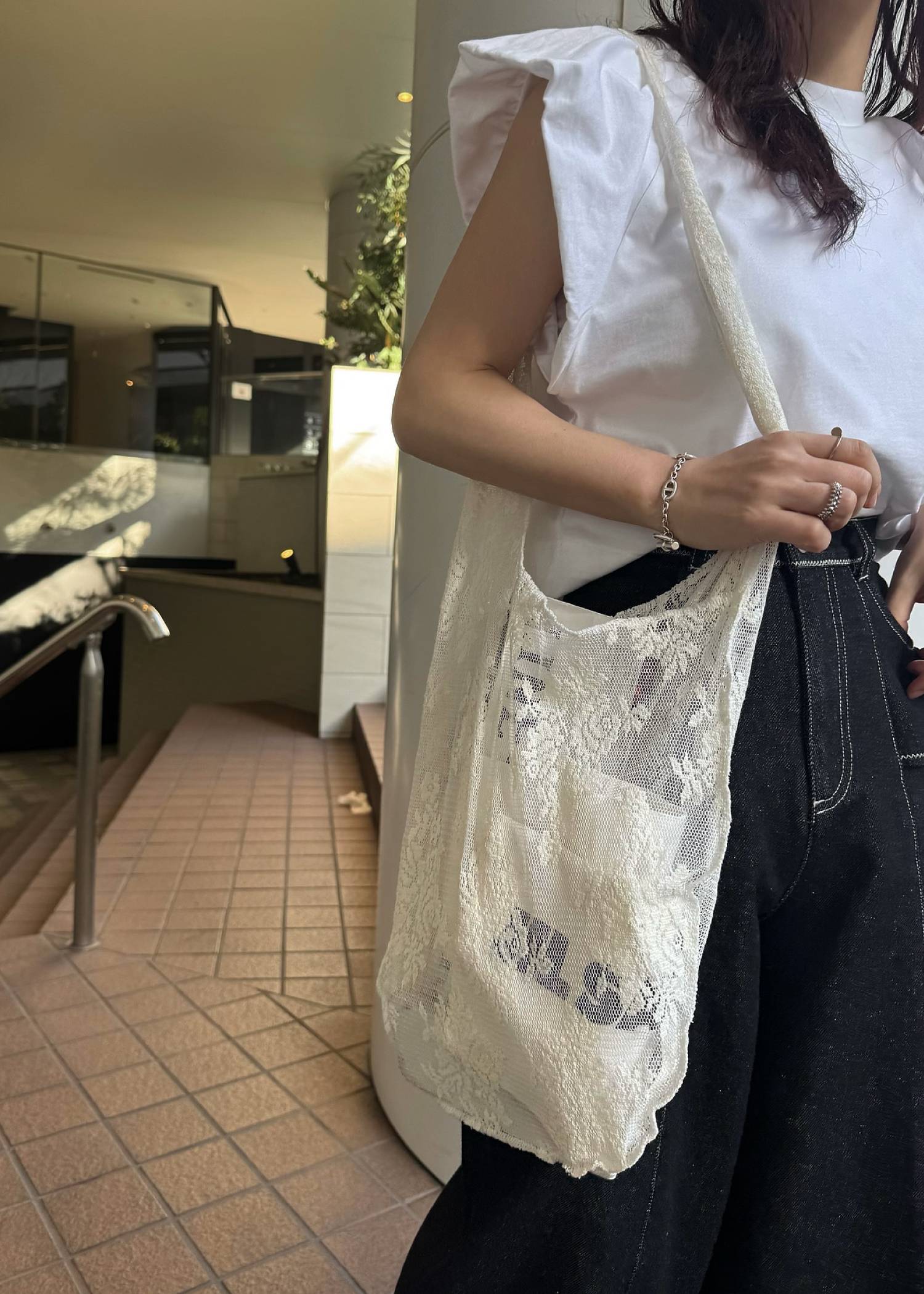 sheer mesh lace tote bag