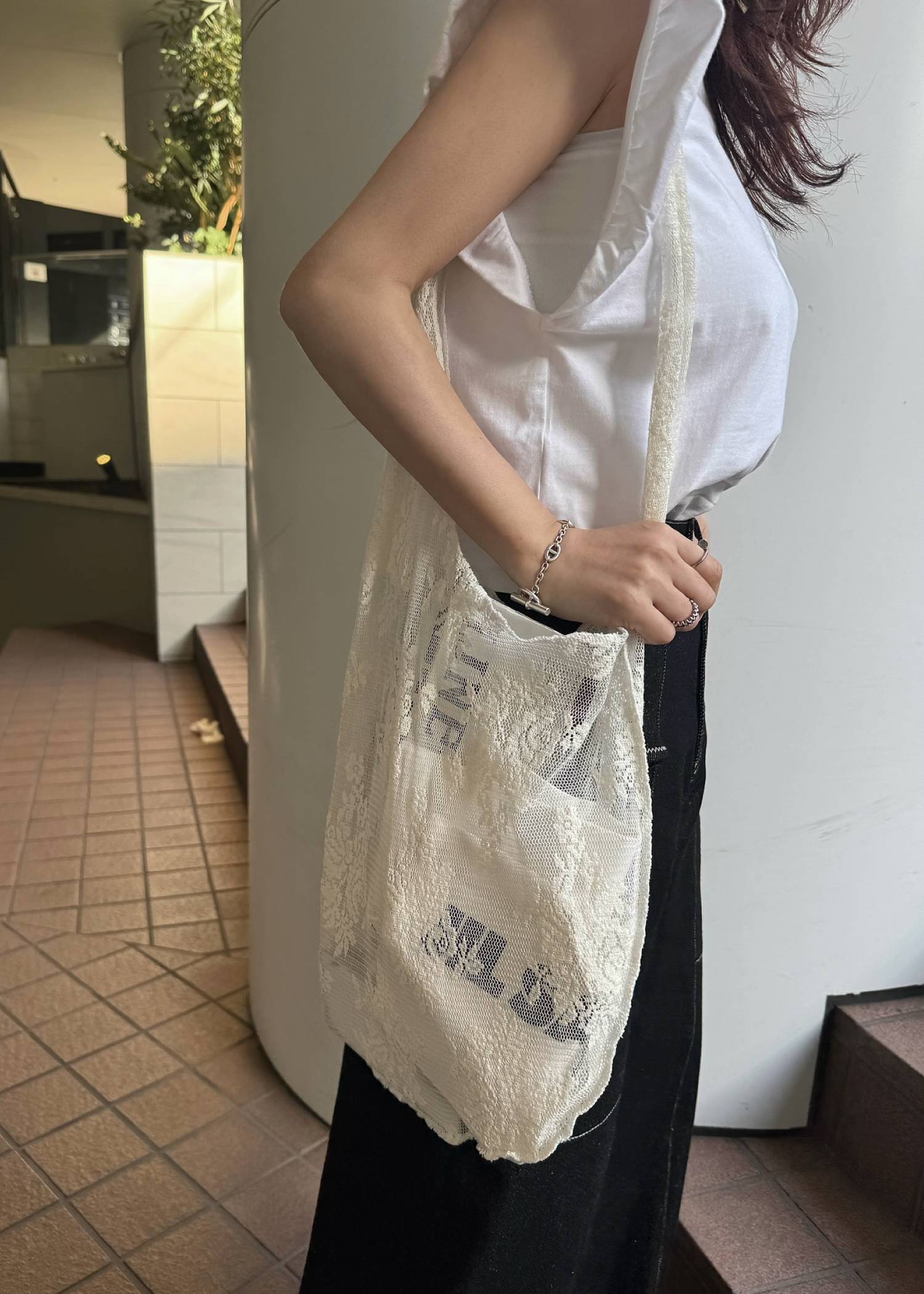sheer mesh lace tote bag