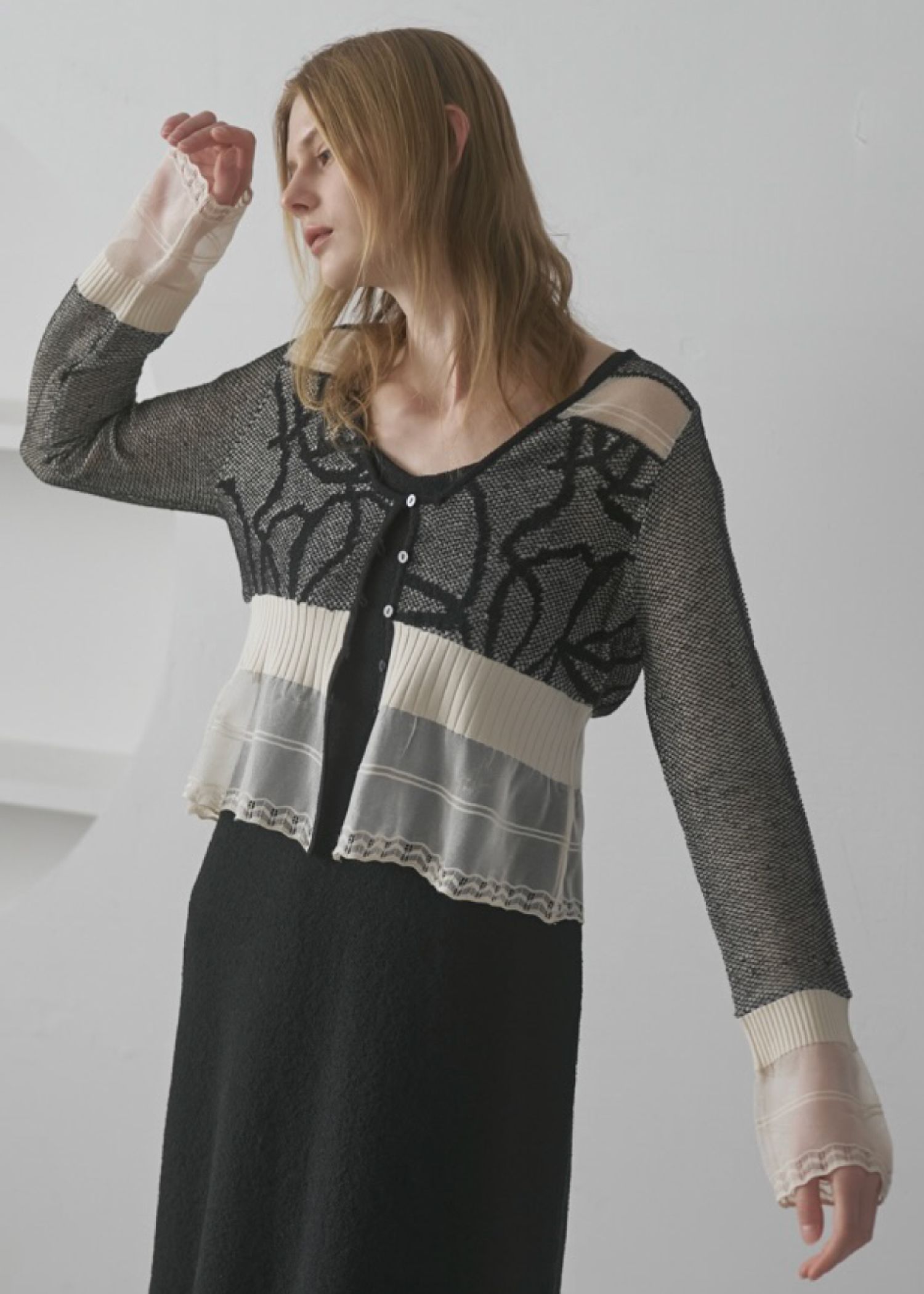 jacquard pattern sheer knit cardigan