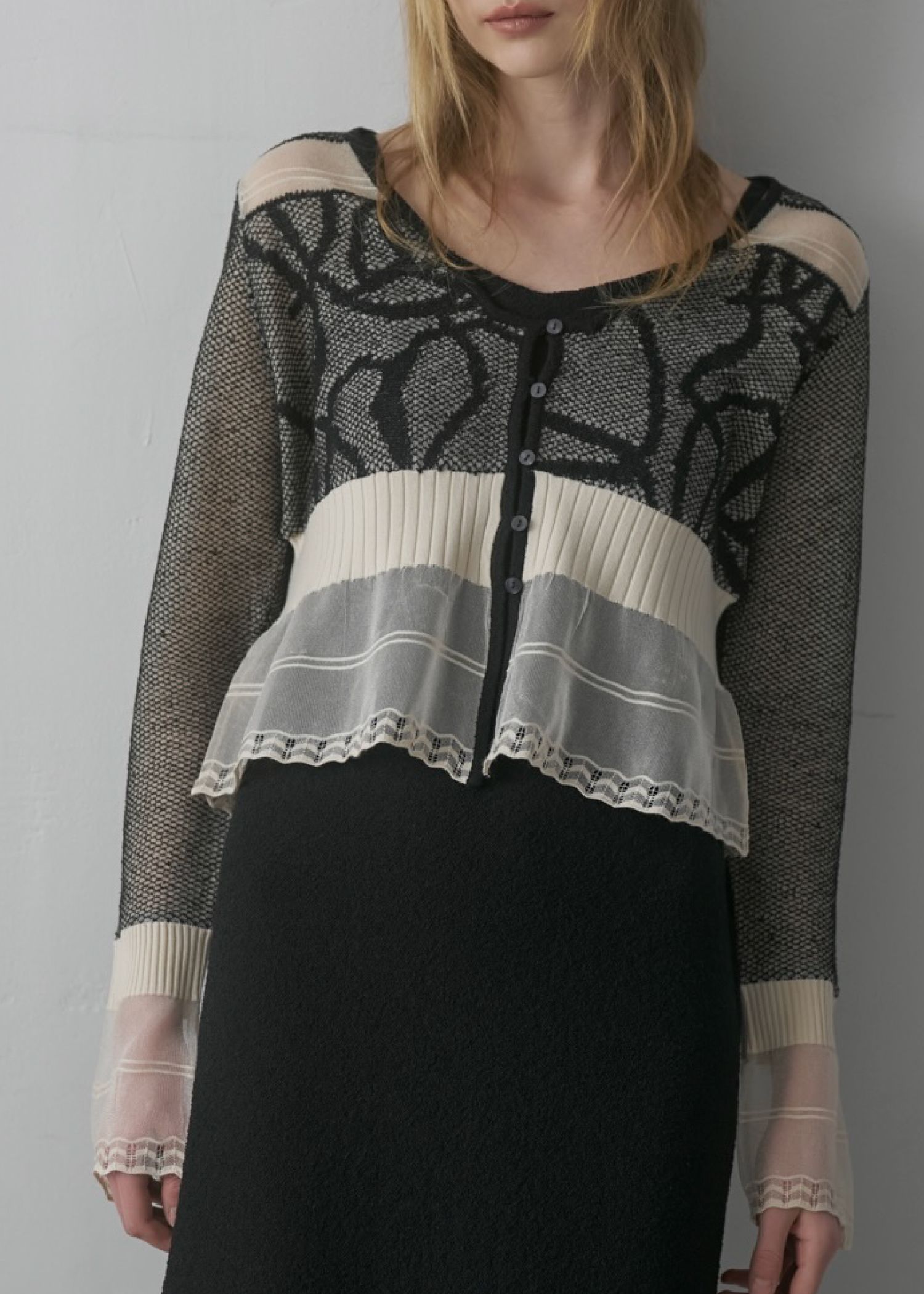 jacquard pattern sheer knit cardigan