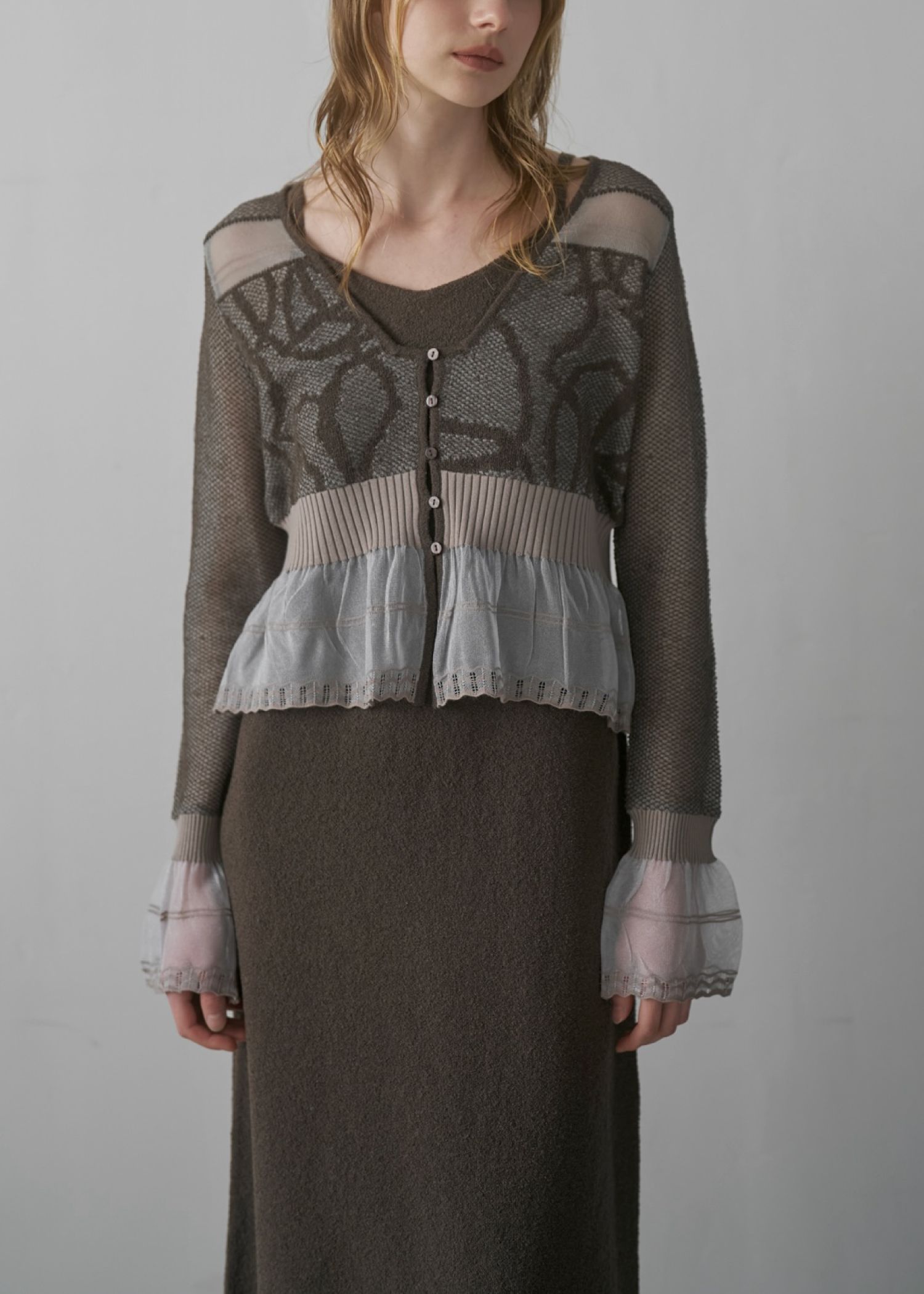 jacquard pattern sheer knit cardigan