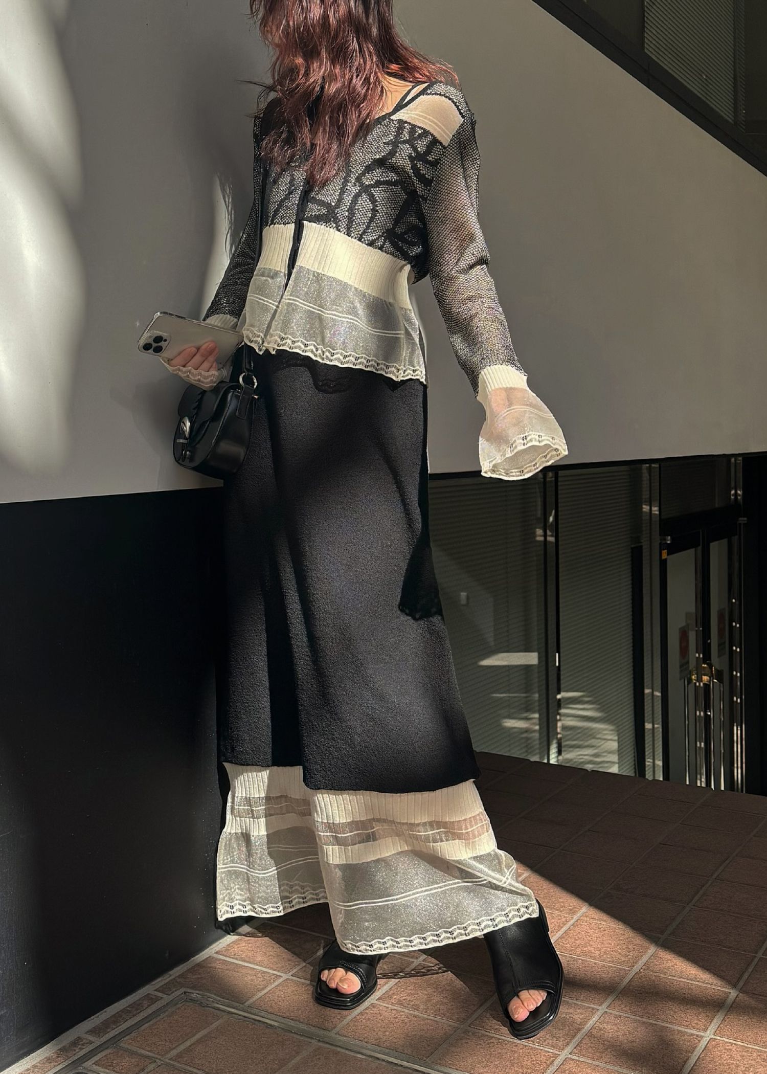 jacquard pattern sheer knit cardigan