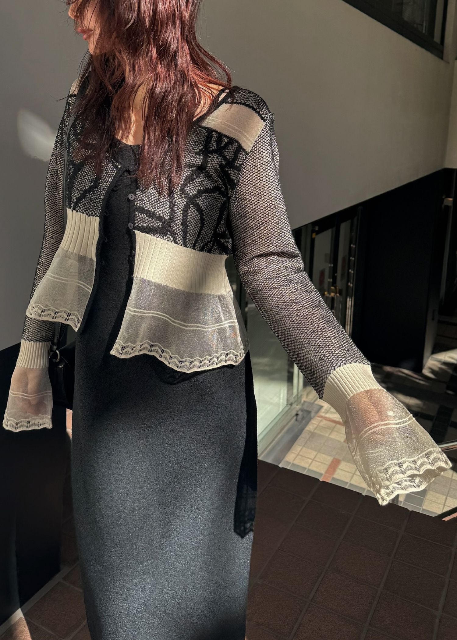 jacquard pattern sheer knit cardigan