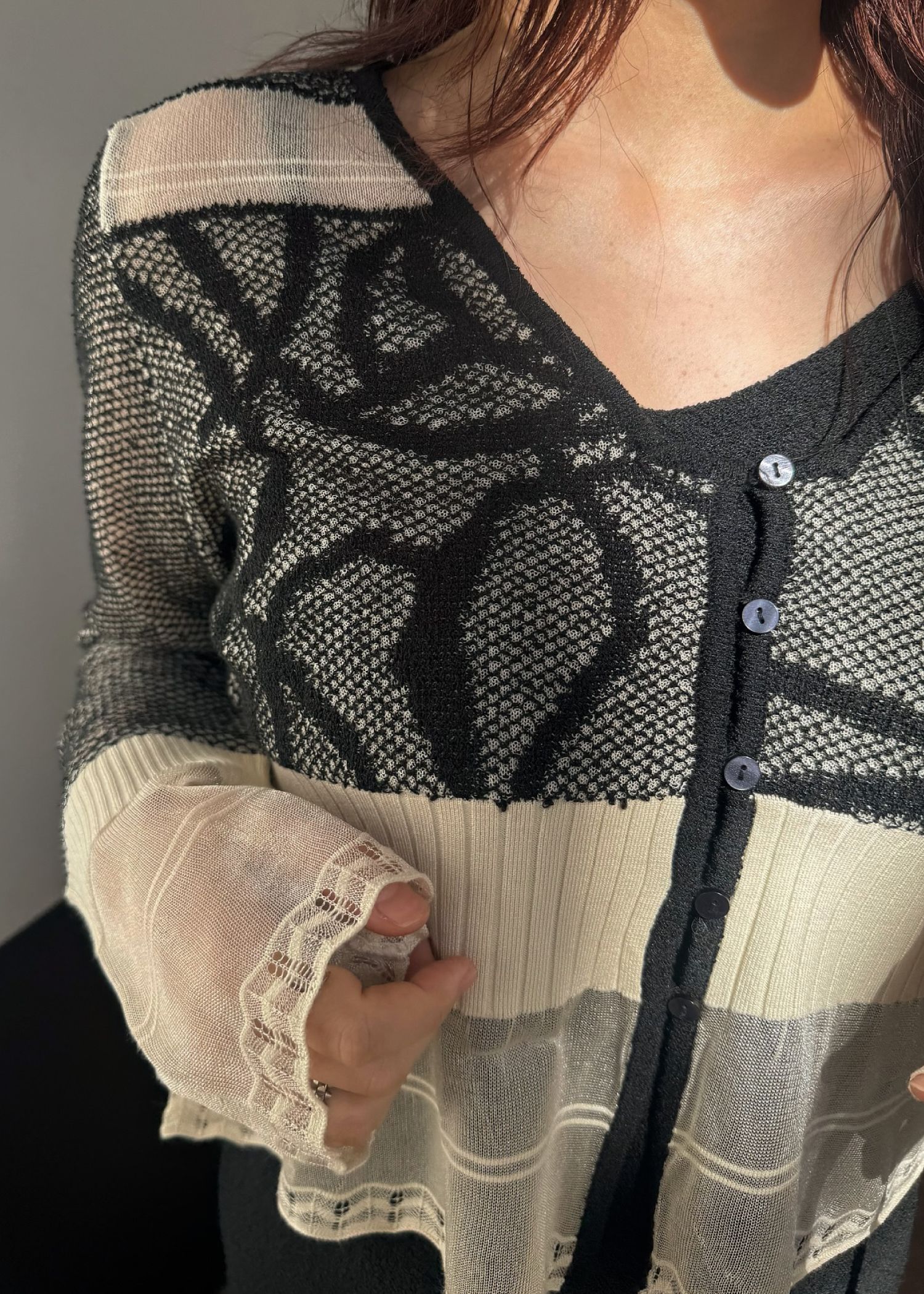 jacquard pattern sheer knit cardigan