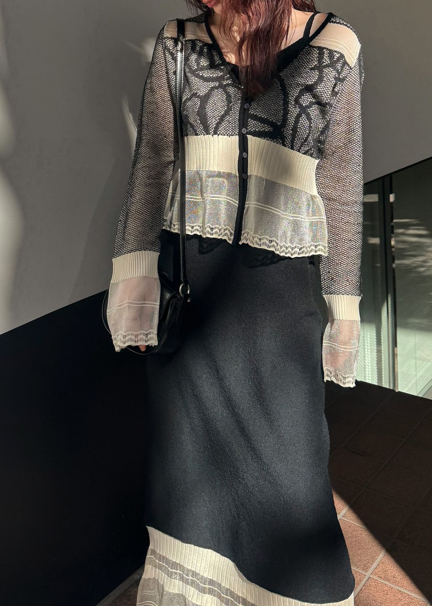 jacquard pattern sheer knit cardigan