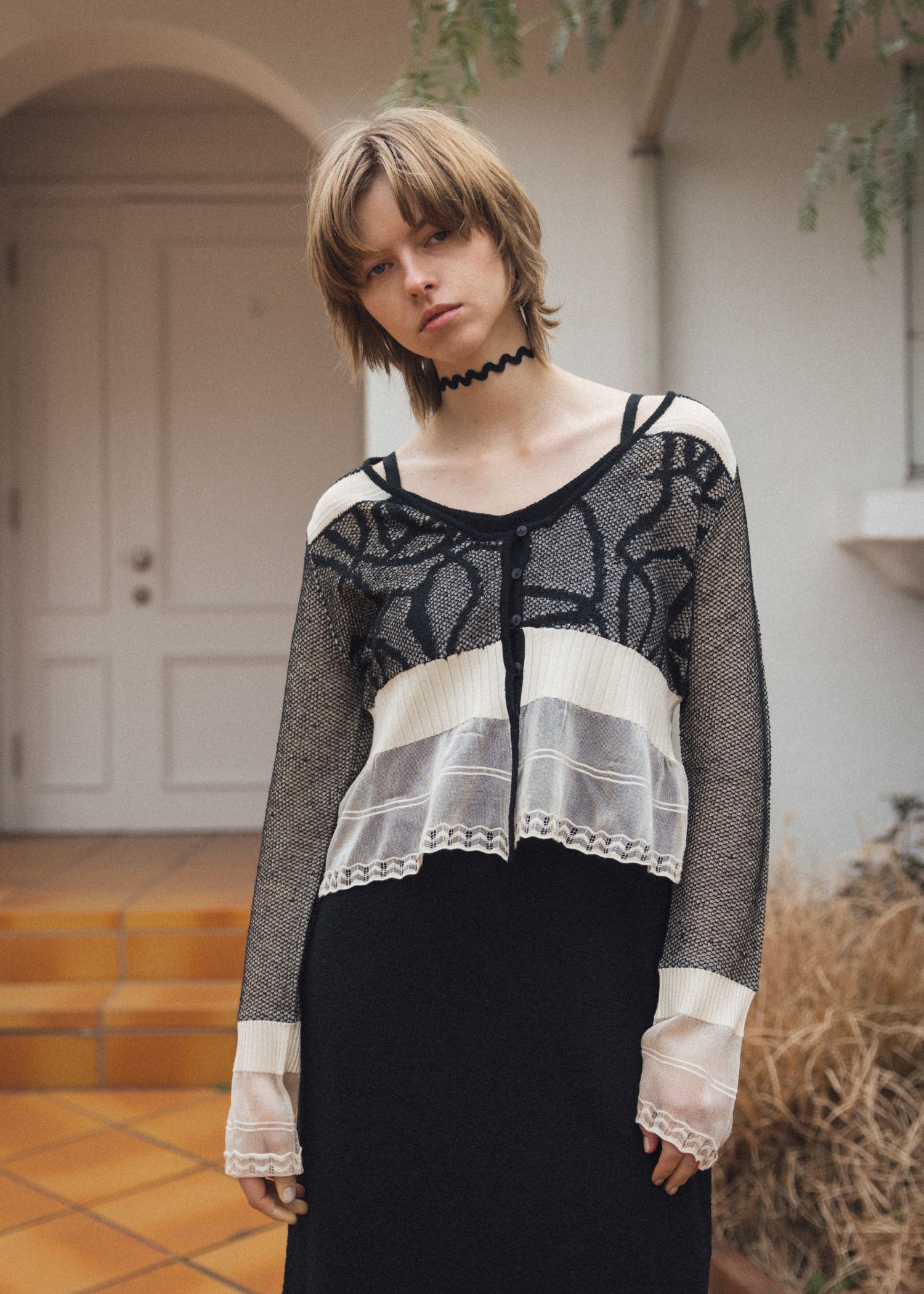jacquard pattern sheer knit cardigan