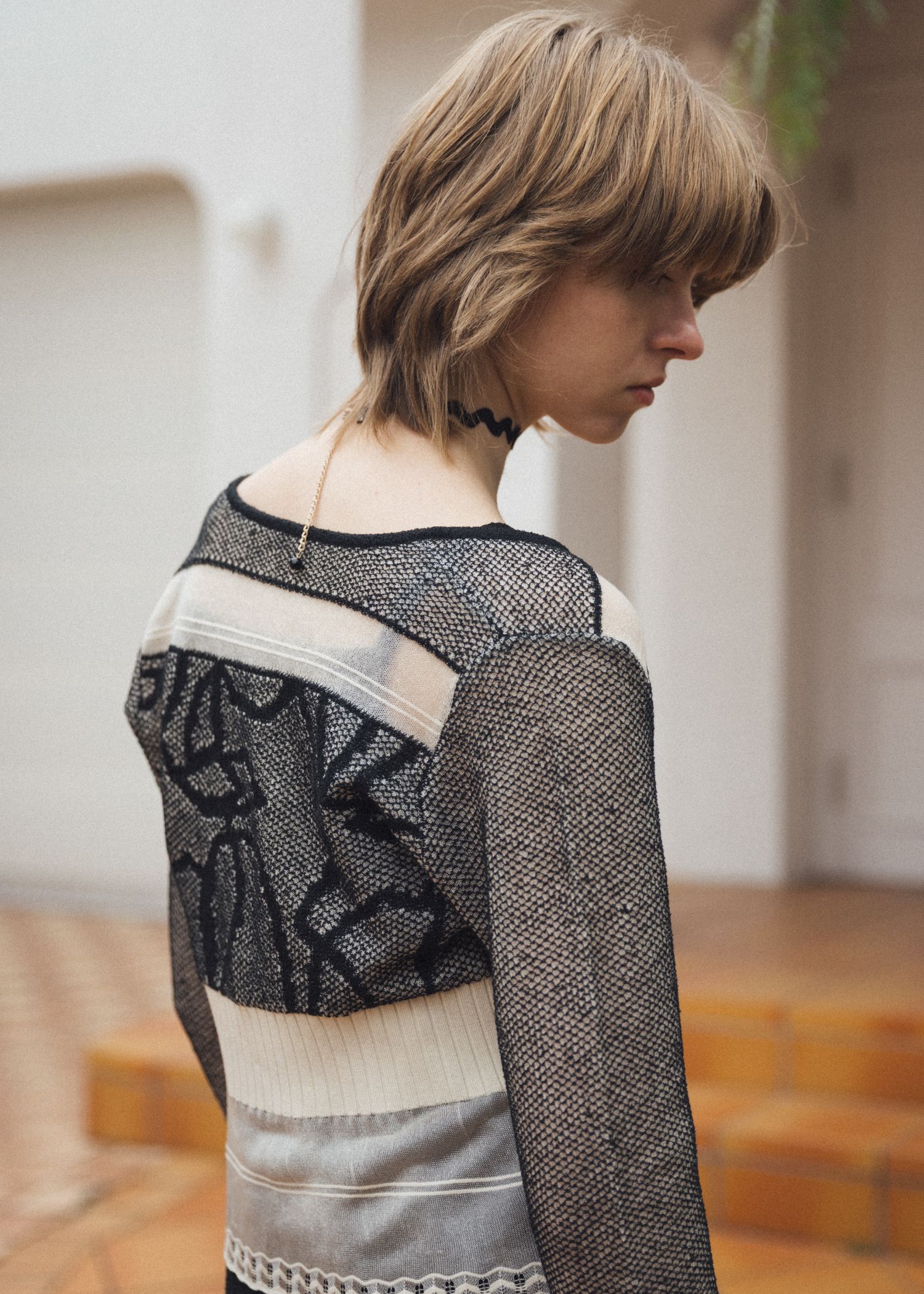 jacquard pattern sheer knit cardigan