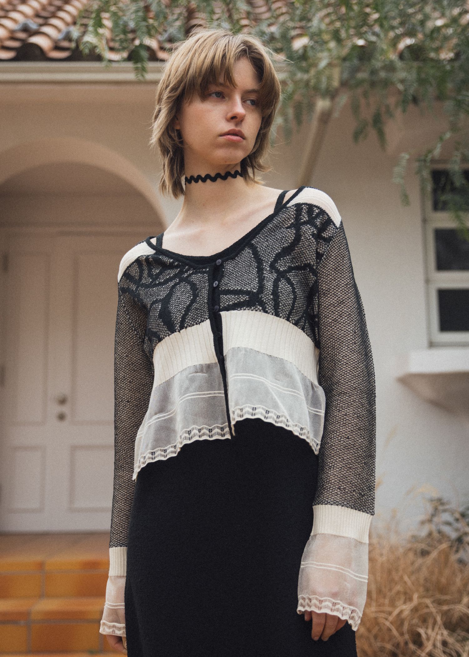 jacquard pattern sheer knit cardigan